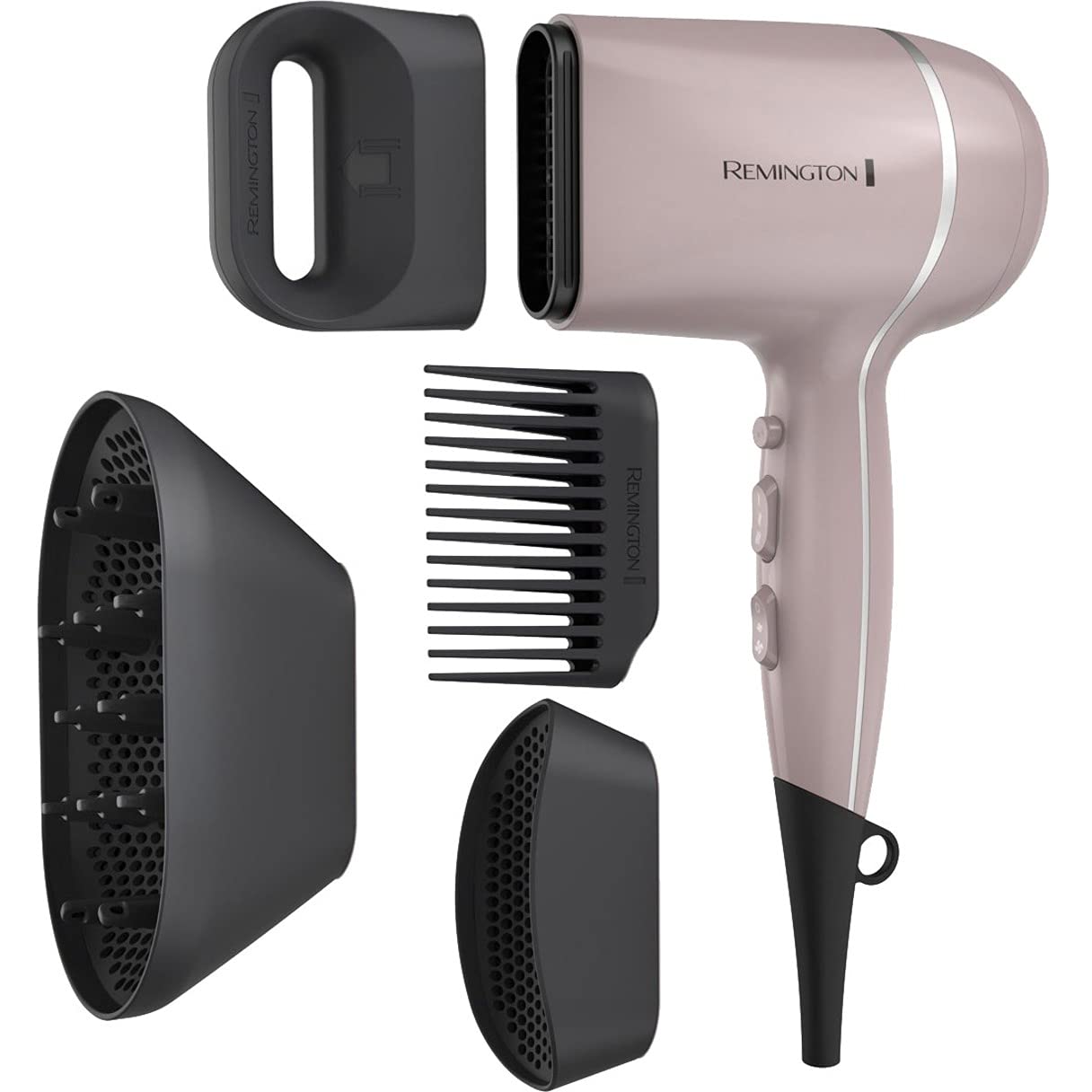 Remington hair dryer with attachments on a white background