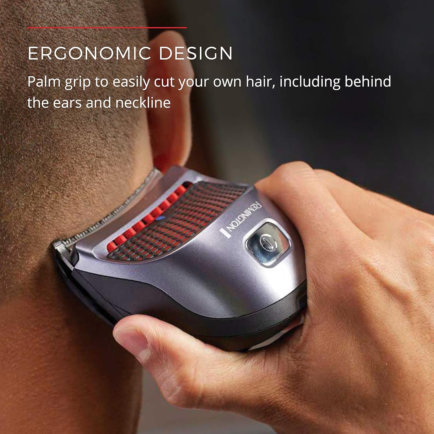 Hand holding a hair trimmer with text highlighting ergonomic design