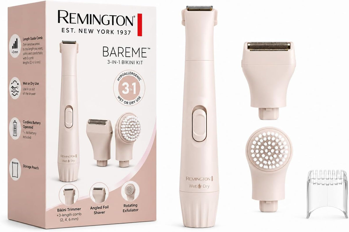 Remington Bareme 3-in-1 bikini kit shown with its retail box, including a pale blush pink electric bikini shaver, detachable head pieces, and a clear storage case on a white background.