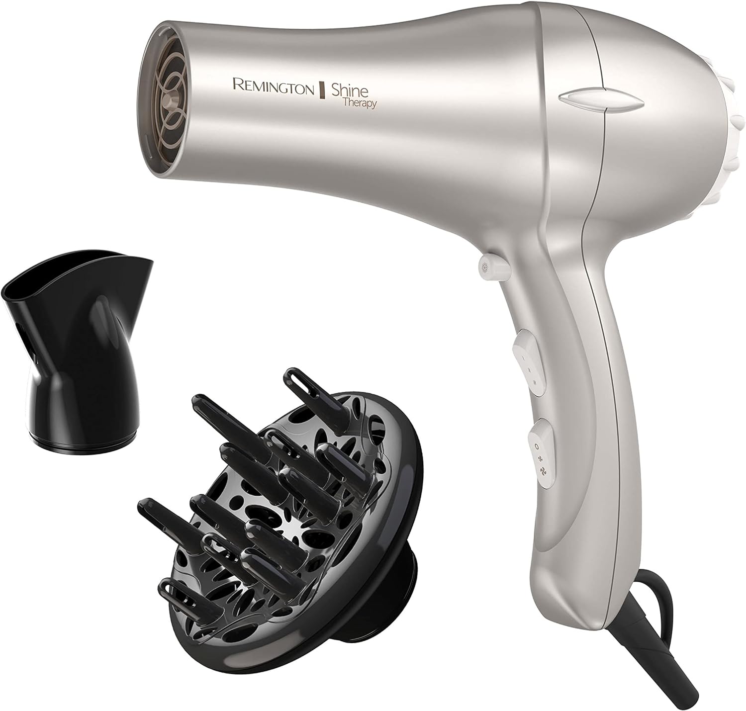 Silver Remington hair dryer with attachments on a white background
