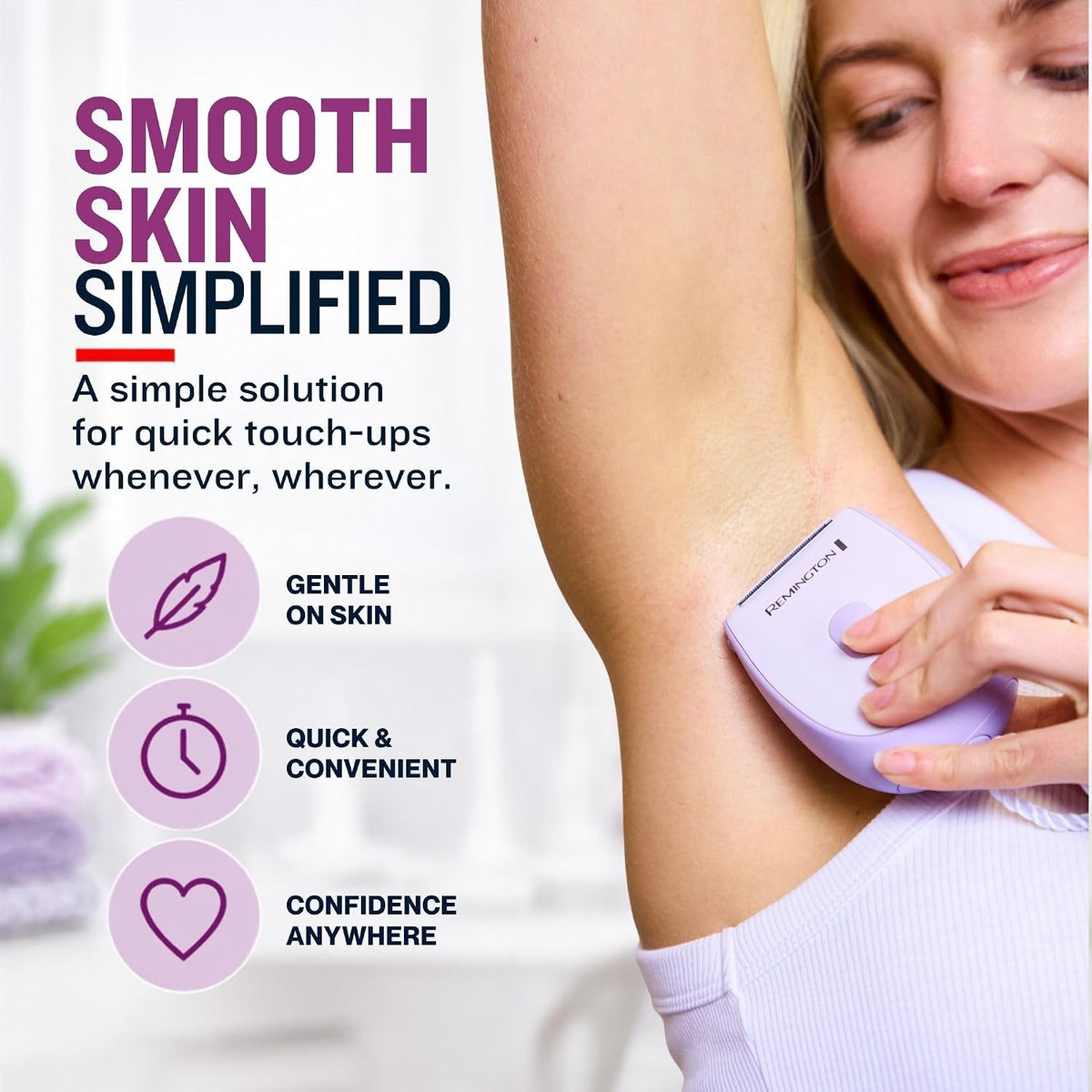 A woman using a Remington shaver on her underarm.