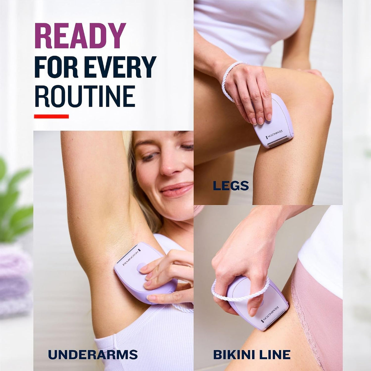 A four-panel promotional graphic showing shaver being used on underarms, legs, and bikini line.