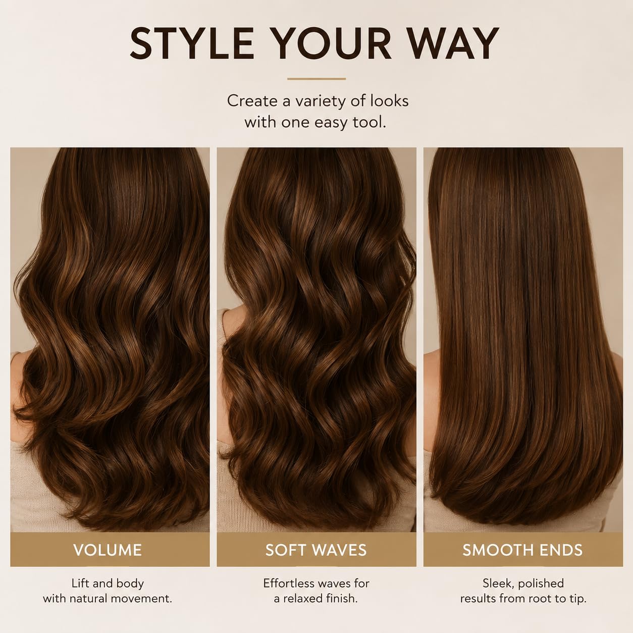 Three hairstyles with different hair product effects on a neutral background.