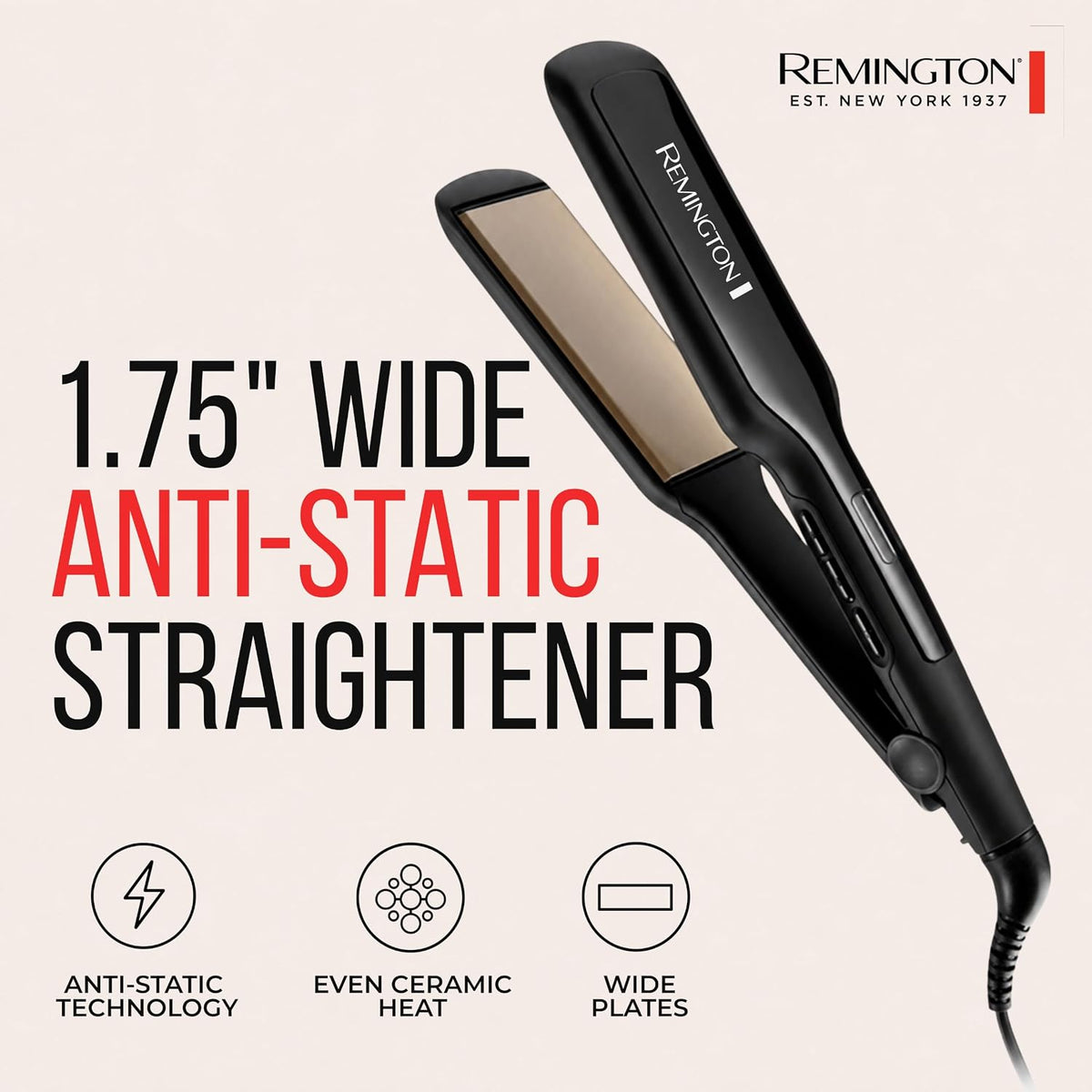 A black Remington 1.75" wide anti-static straightener shown on a light beige background with product text and feature icons.