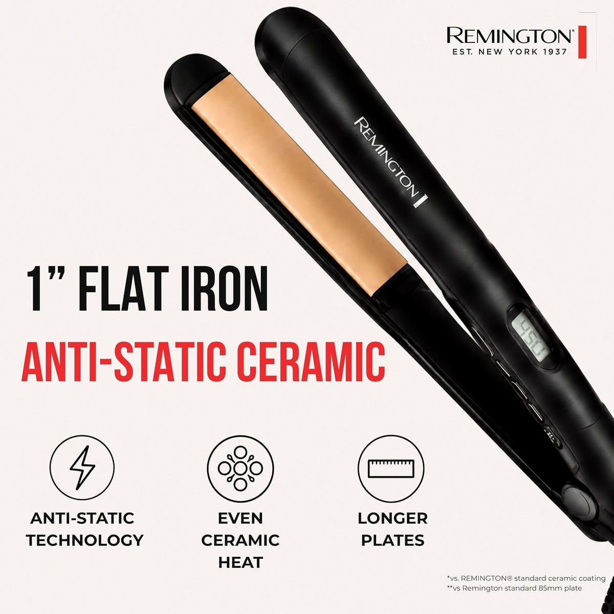 A black S5503NA Remington 1-inch flat iron with ceramic plates, shown at an angle on a light beige background with promotional text and feature icons.