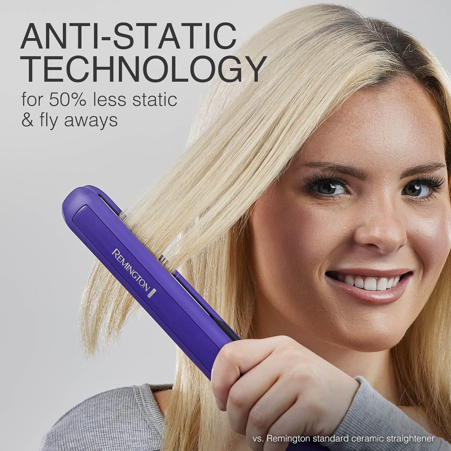 Woman holding a S5505P Remington straightener with text about anti-static technology on a gray background