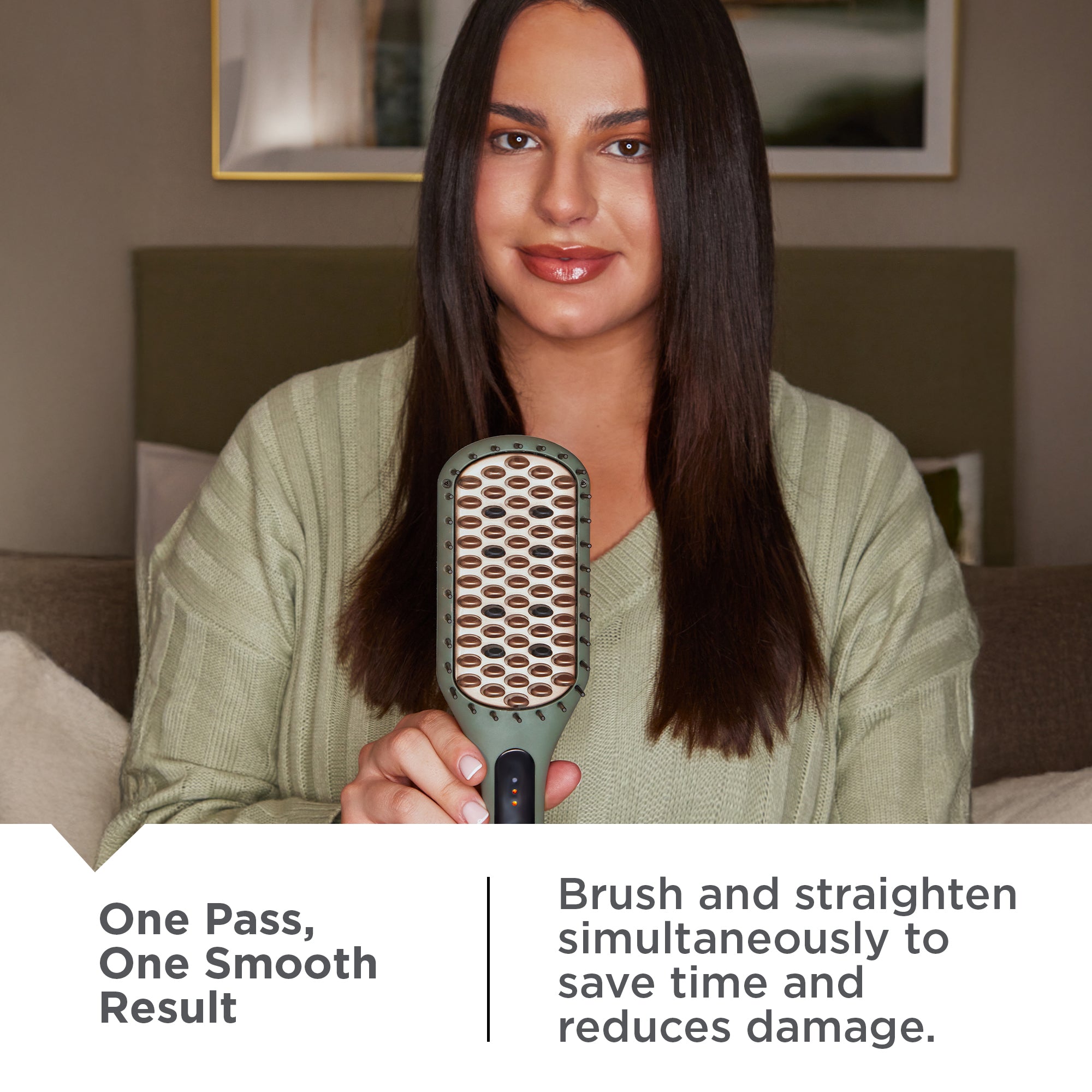 Woman holding a CB5750NA Botanicals™ Straightening Brush with text about its benefits