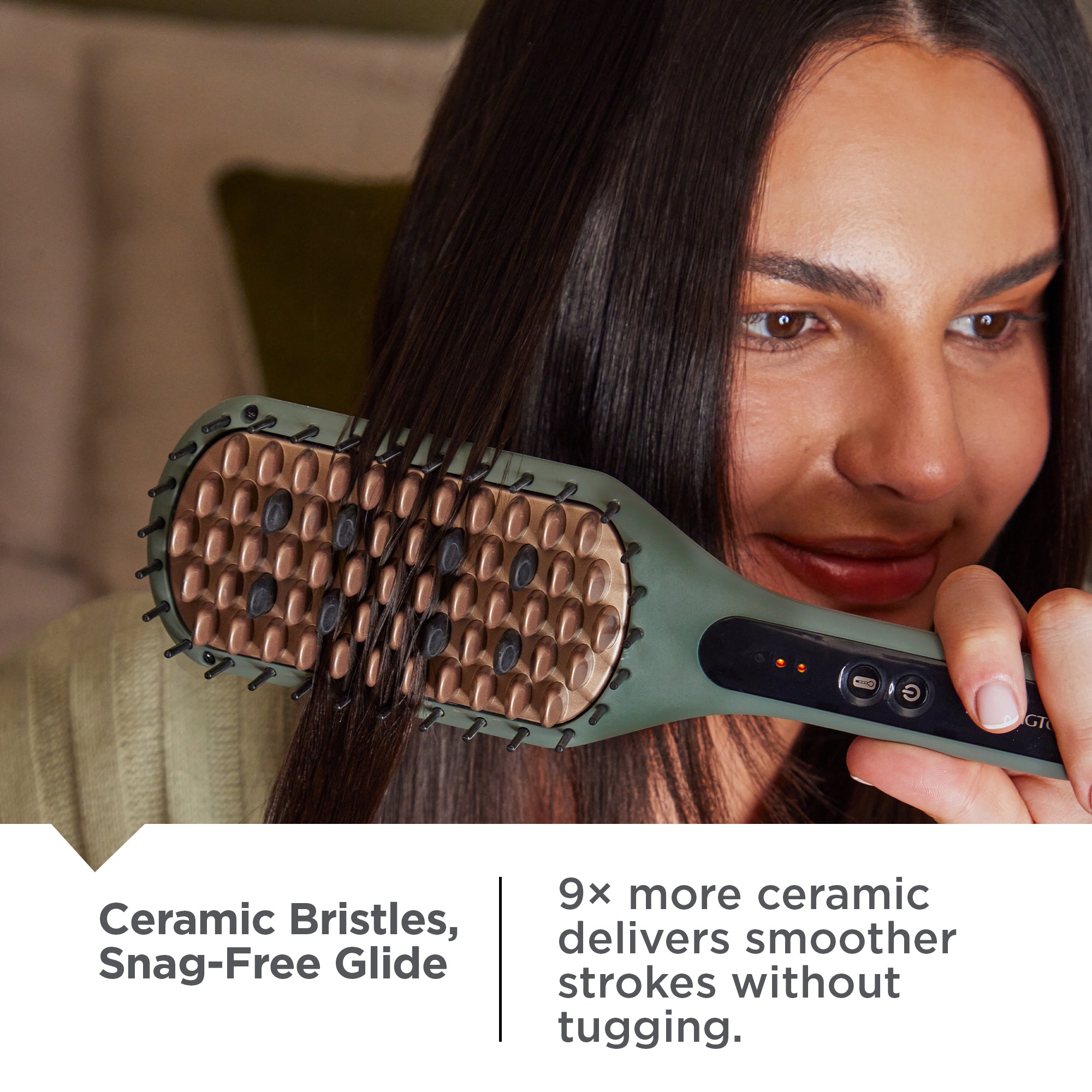 Woman using CB5750NA Botanicals™ Straightening Brush with ceramic bristles, snag-free glide feature.