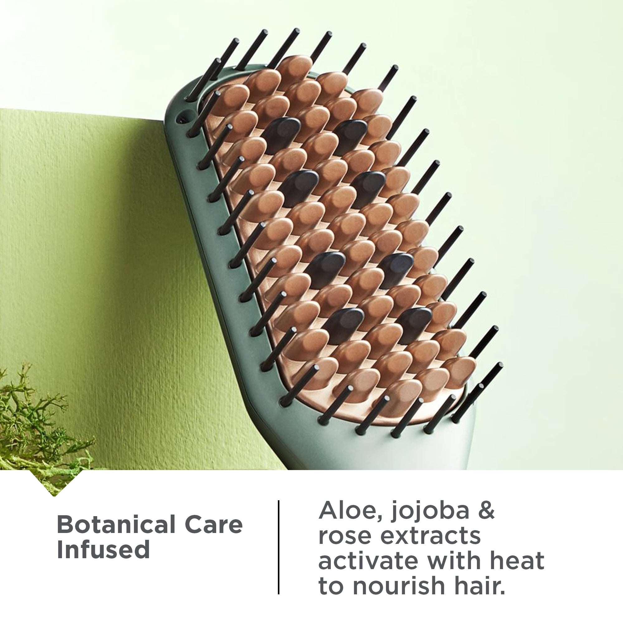 CB5750NA Botanicals™ Straightening Brush with botanical care features on a green background