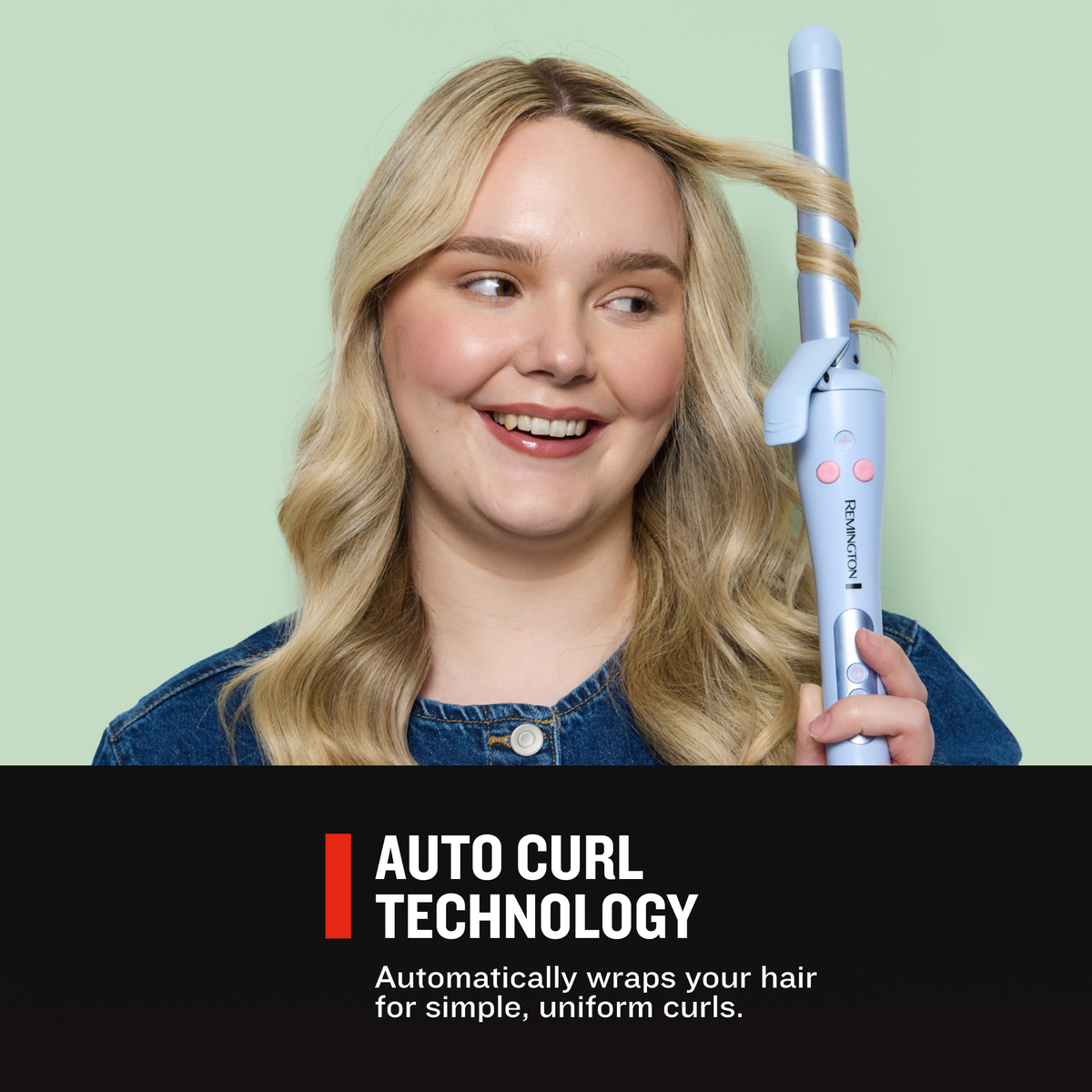 A woman with blonde hair holdsTrendology 1" Rotating Curling Iron with her blonde hair curled.