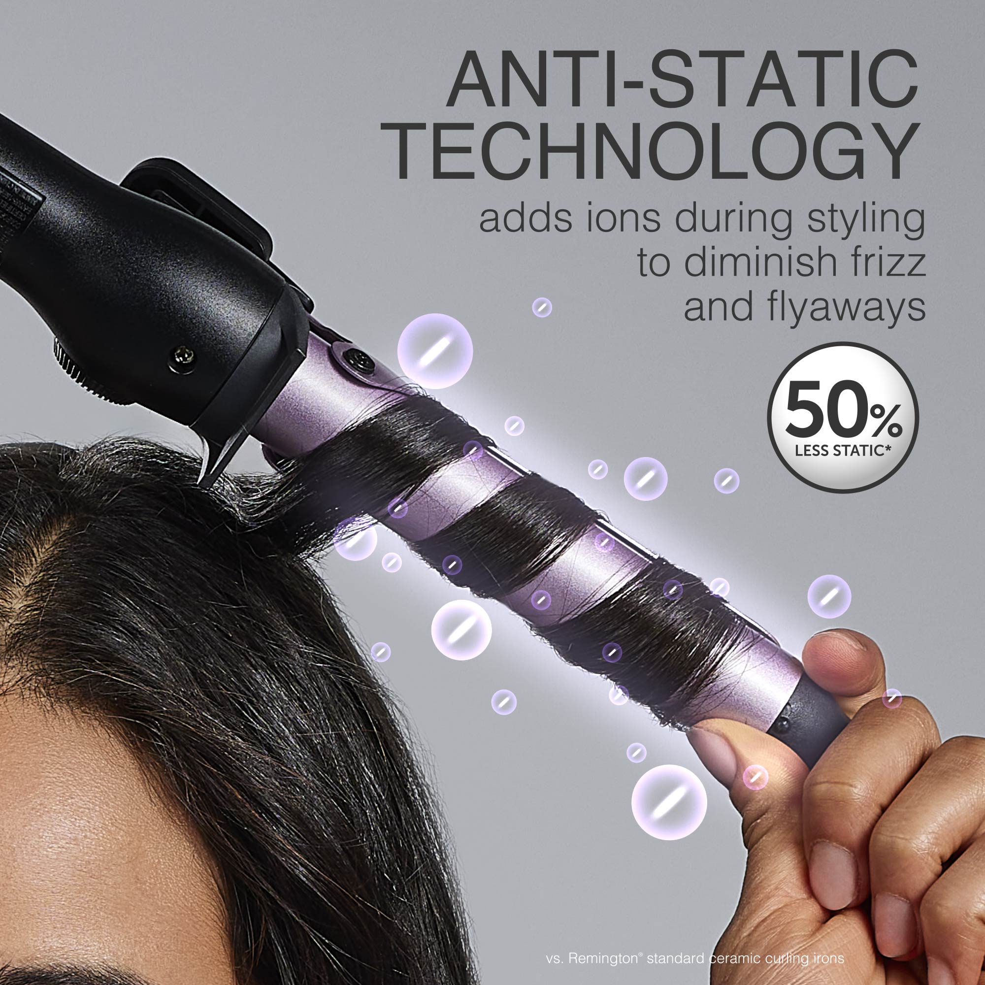 Hair styling tool with anti-static technology feature on a gray background
