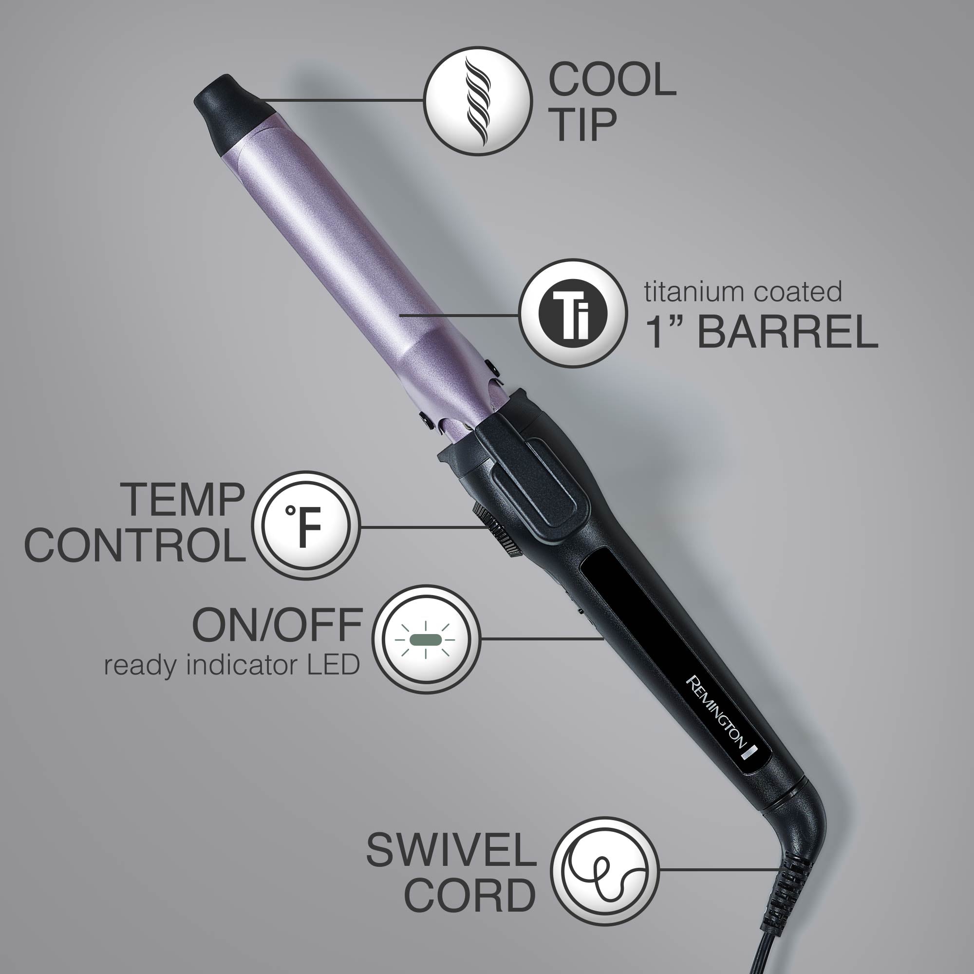 Hair styling tool with labeled features on a gray background