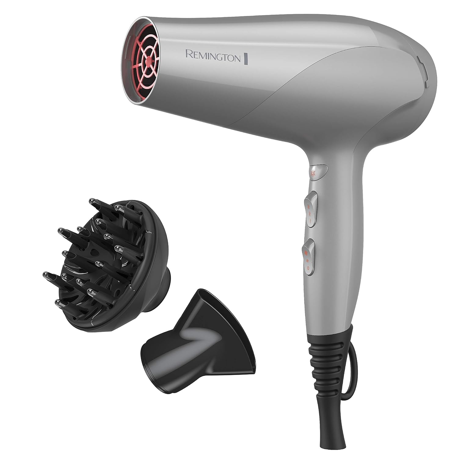 Remington hair dryer with attachments on a white background