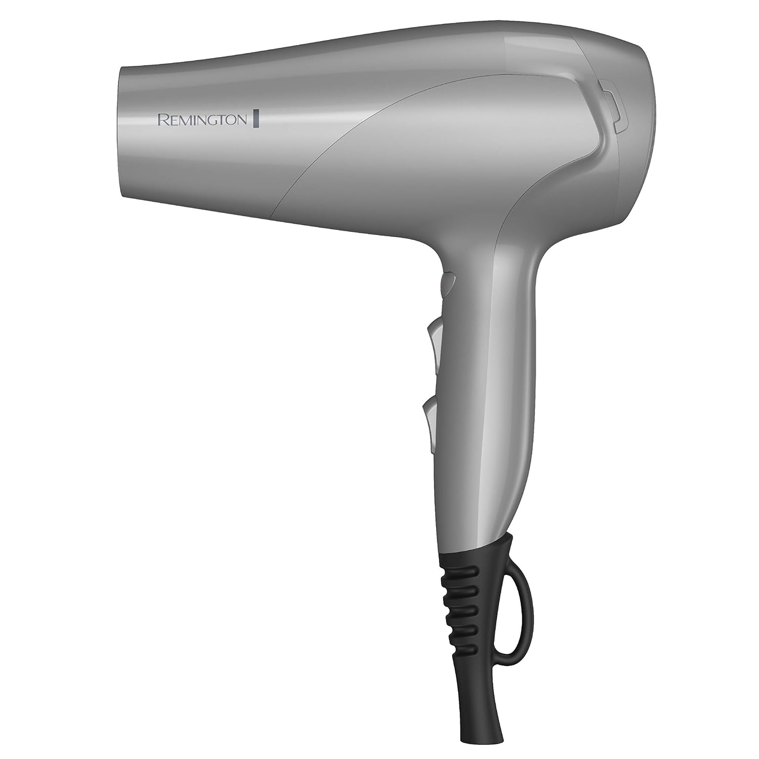 Silver Remington hair dryer on a white background