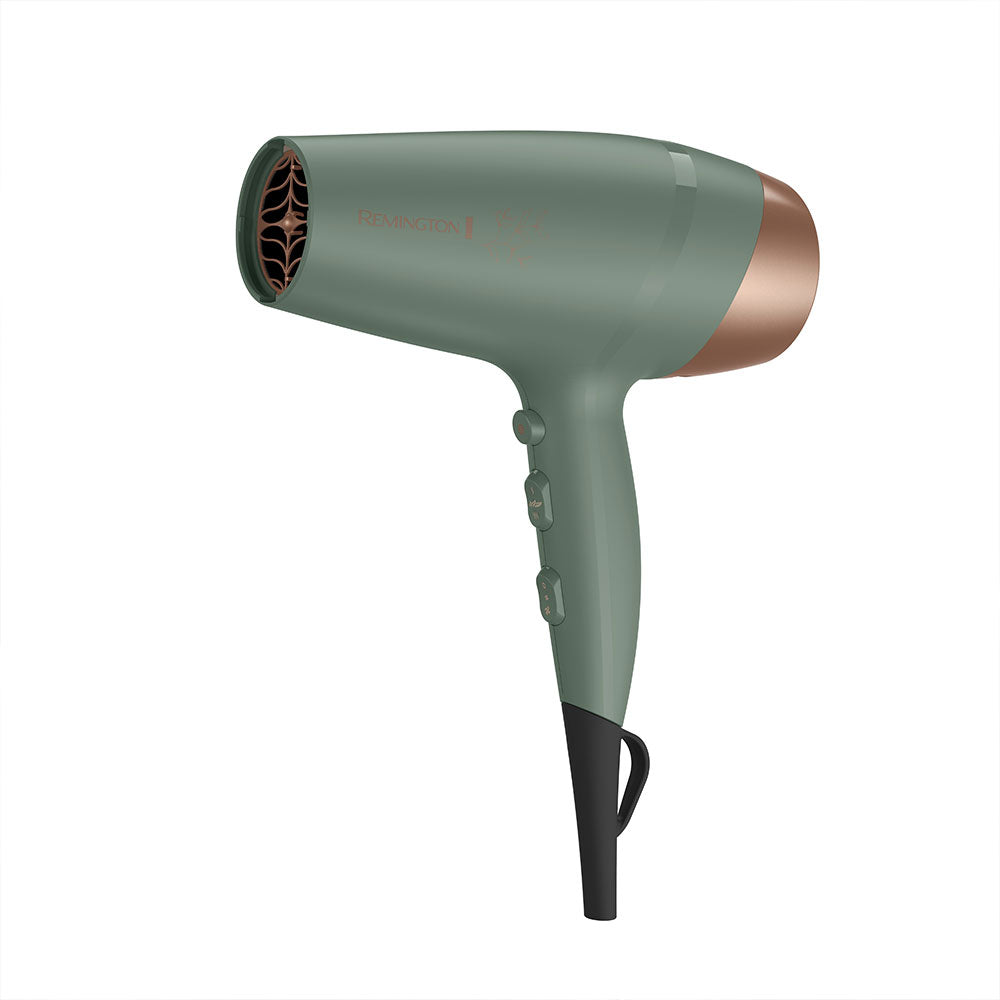 Green and rose gold hair dryer on a white background