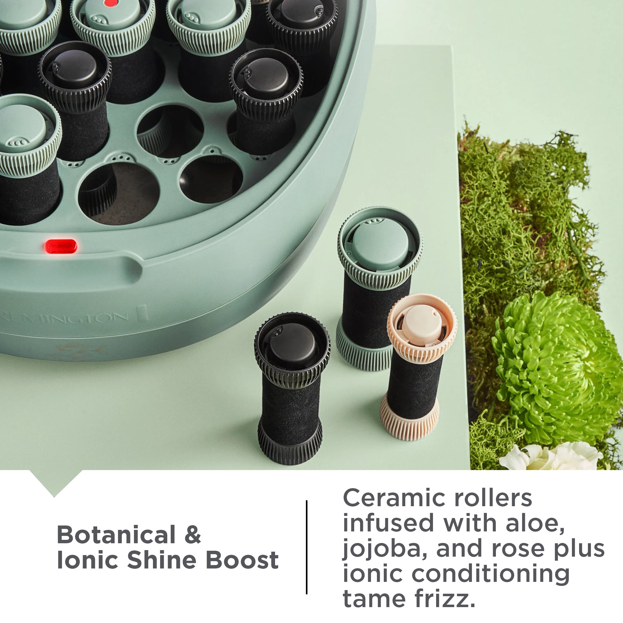 H5750NA Botanicals™ Hair Setters with ceramic rollers and botanical elements on a light green background