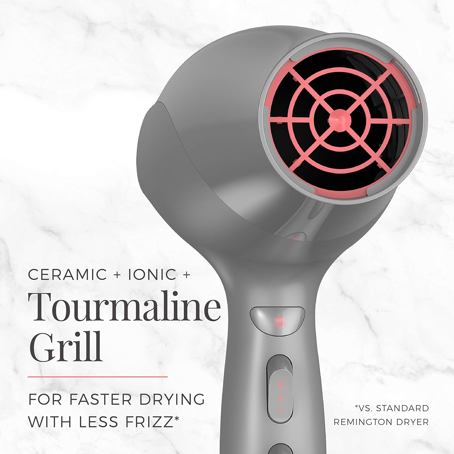 Gray hair dryer with pink interior on a white background