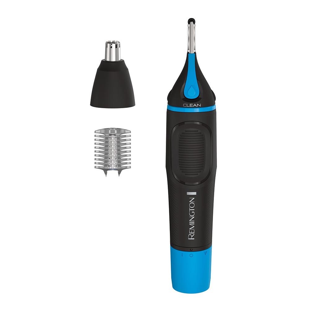 Black and blue Remington ear and nose trimmer with attachments on a white background
