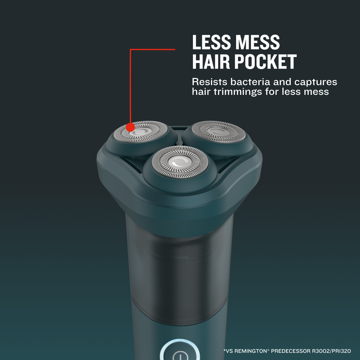 A close-up of RC4380 rotary shaver head with three circular shaving nozzles and a dark teal body, shown on a dark gradient background.