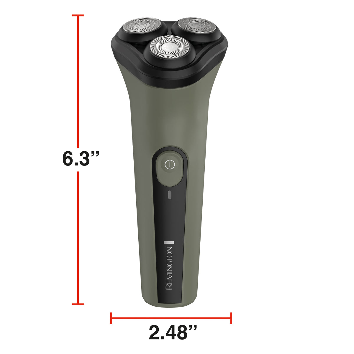 RC3370 Rotary shaver shown with red dimension lines indicating a height of 6.3 inches and a width of 2.48 inches