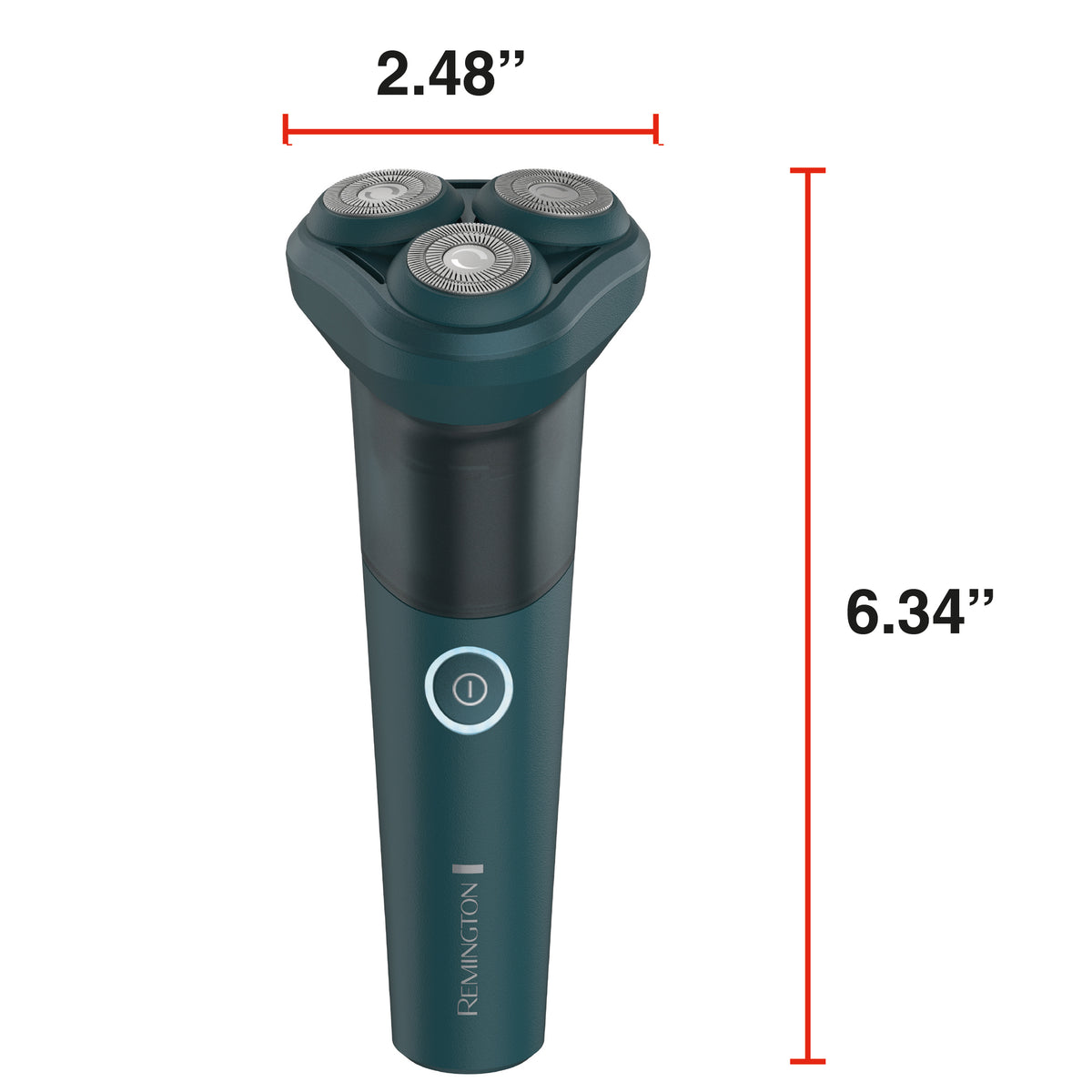 RC4380 Rotary shaver with red dimension lines showing a width of 2.48 inches and a height of 6.34 inches.