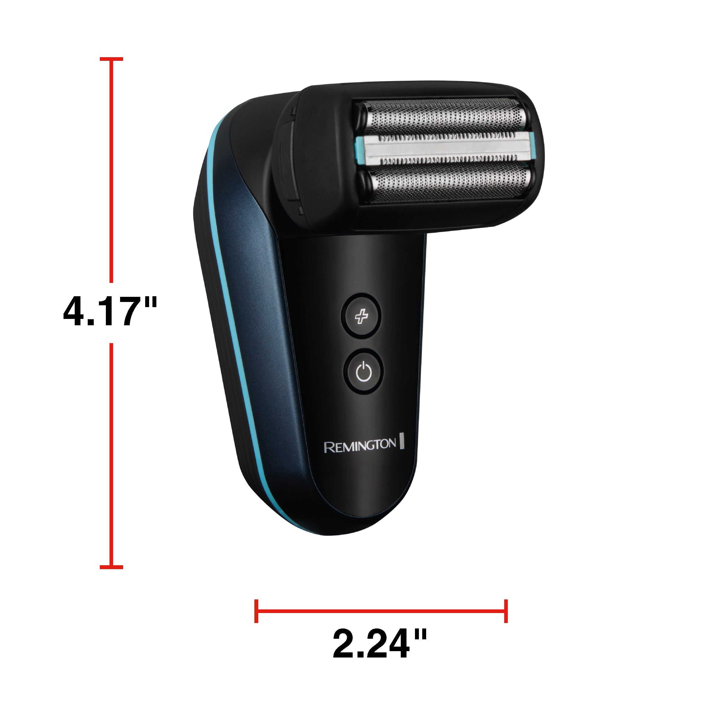 Black Remington electric shaver with dimensions on a white background