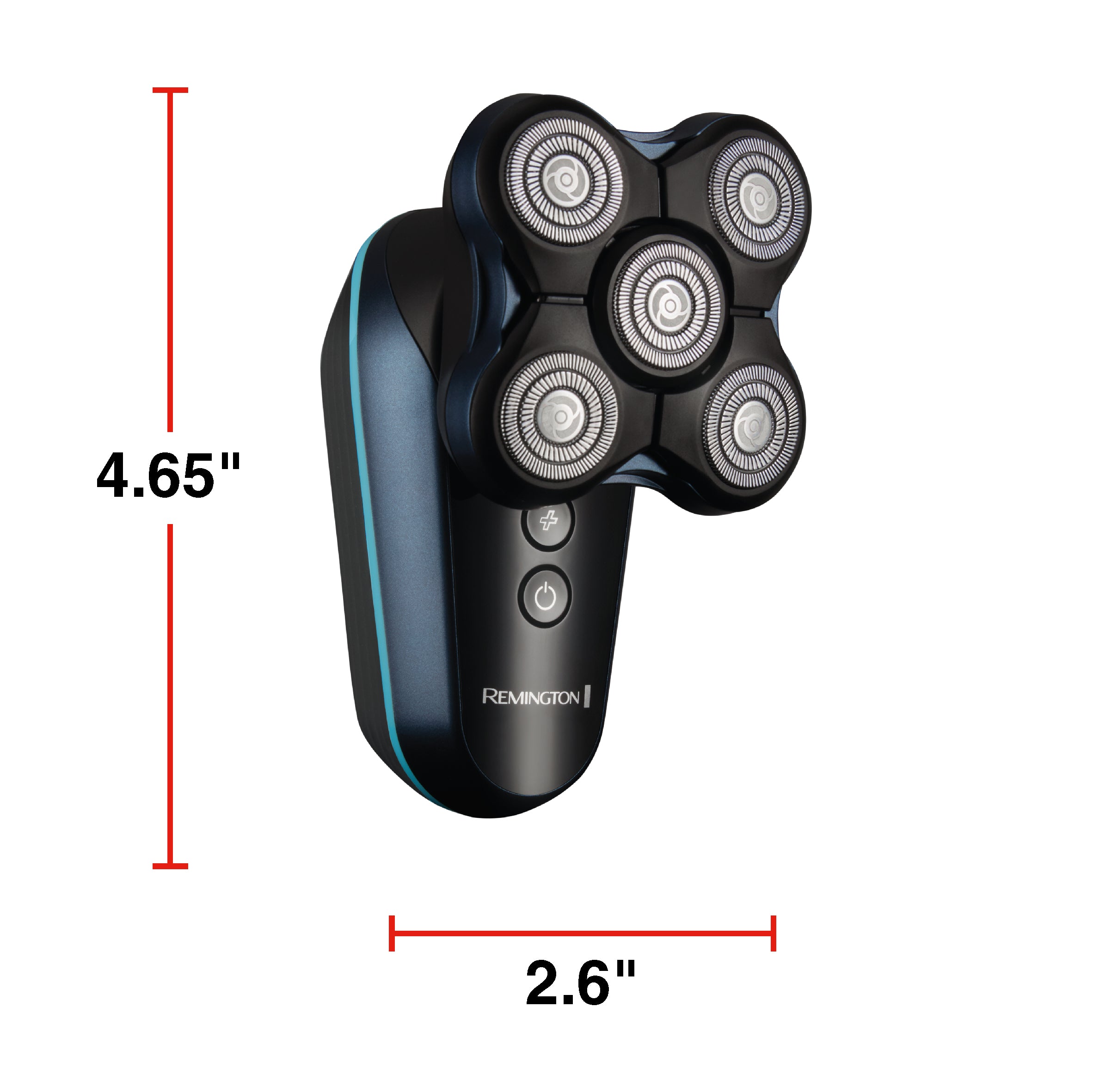 Black electric shaver with measurement details on a white background