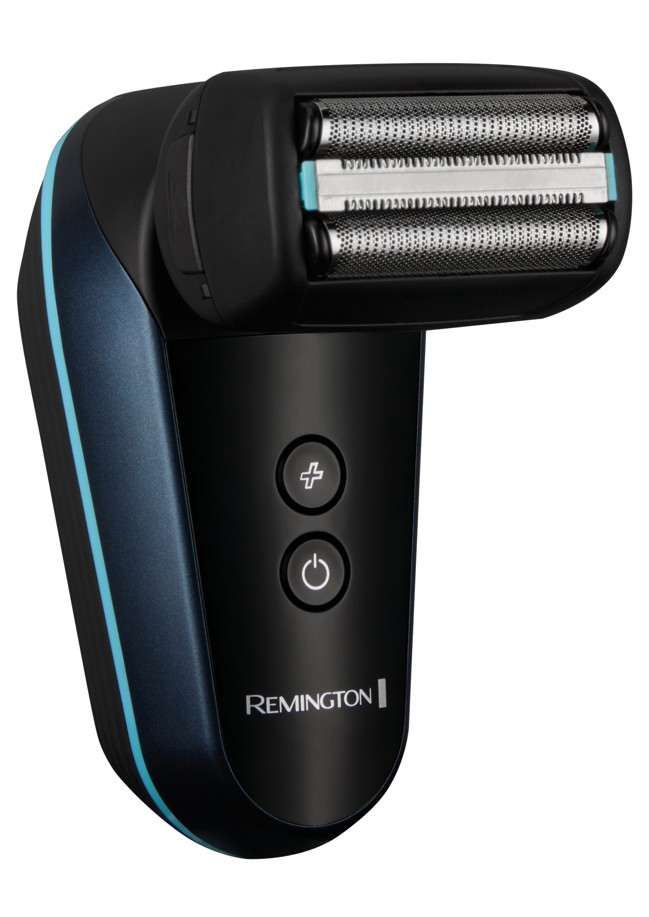 Black and blue Remington shaver on a white background