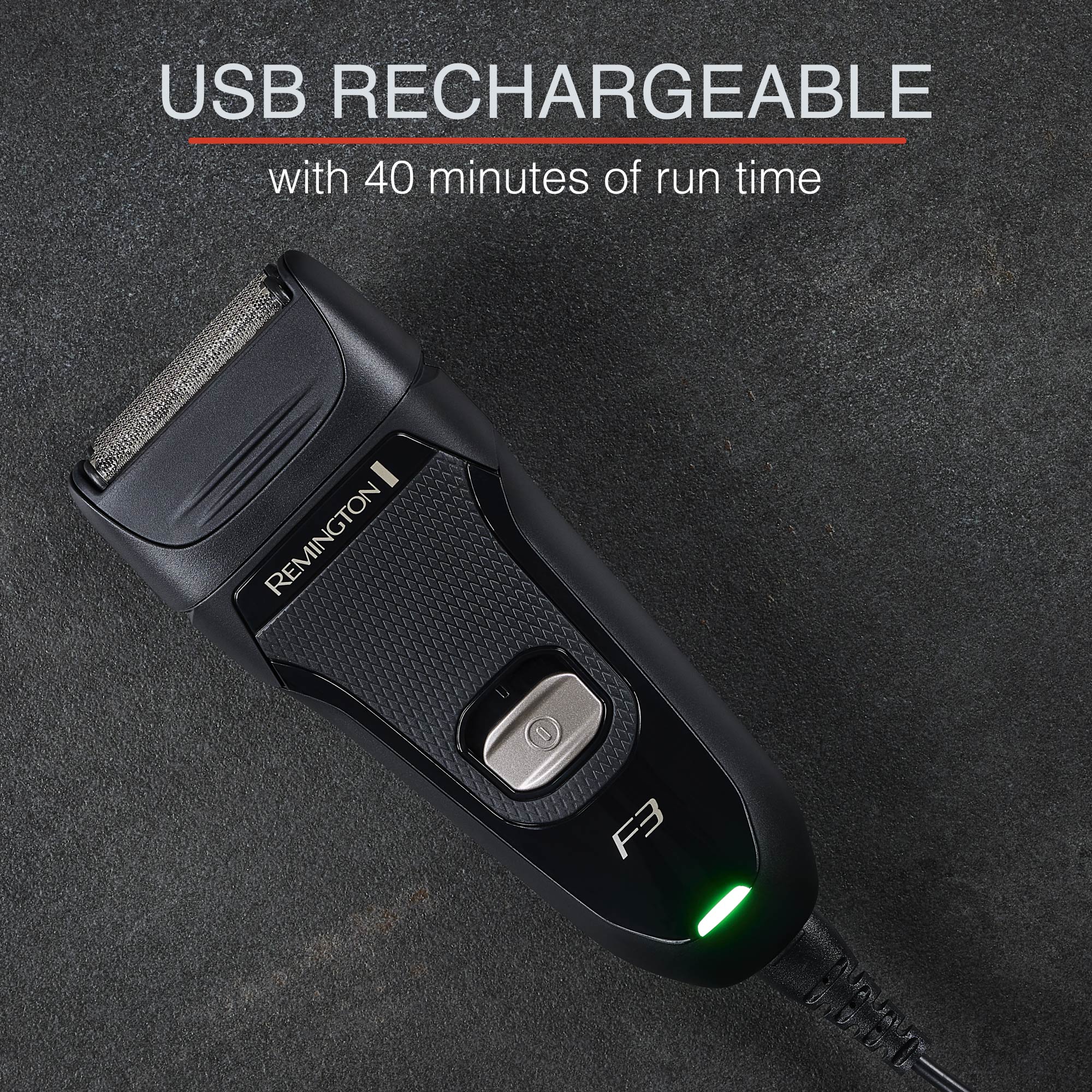 Black Remington USB rechargeable shaver on a dark background with text indicating run time.