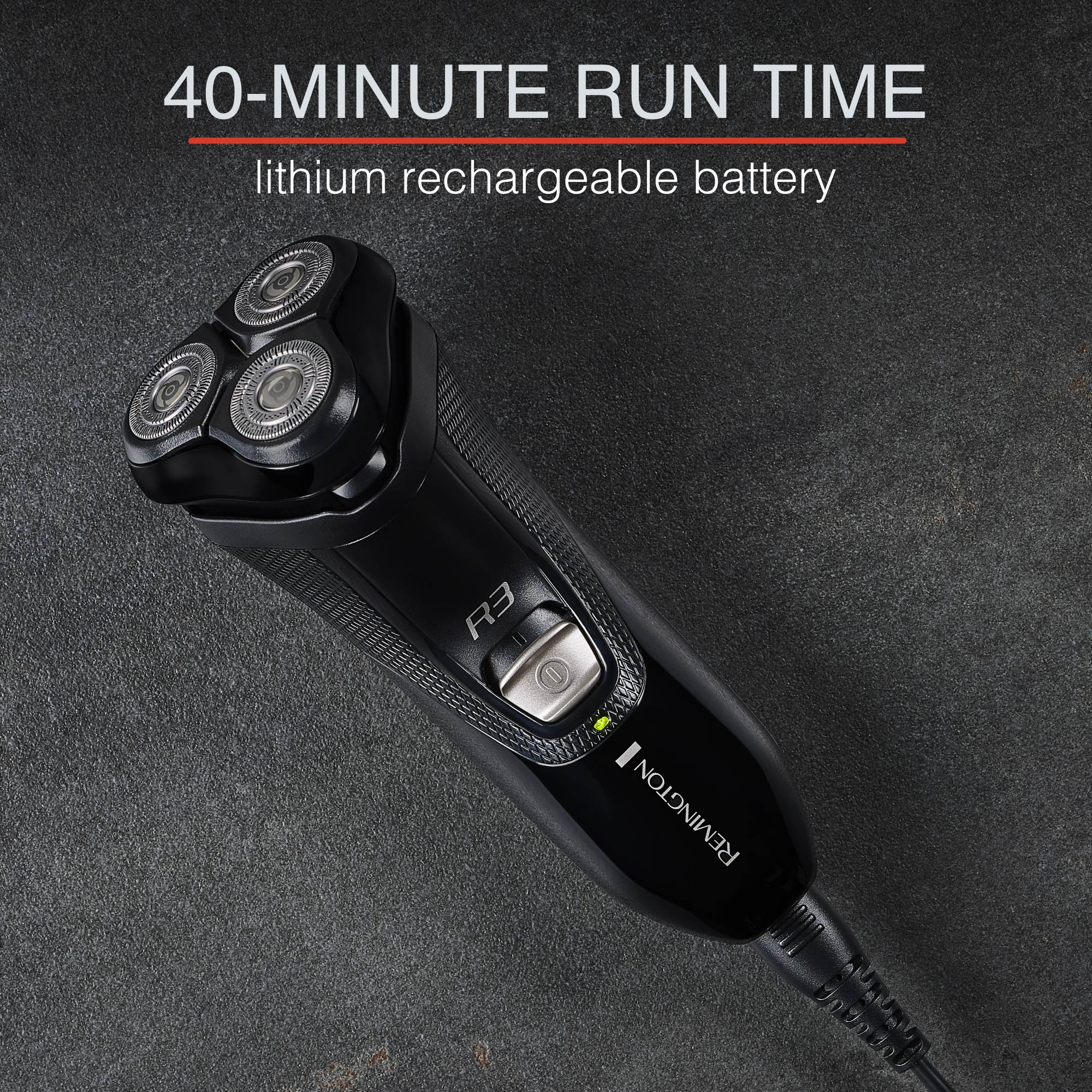 R3 Style Series Rotary Shaver with 40 minute run time lithium rechargeable battery