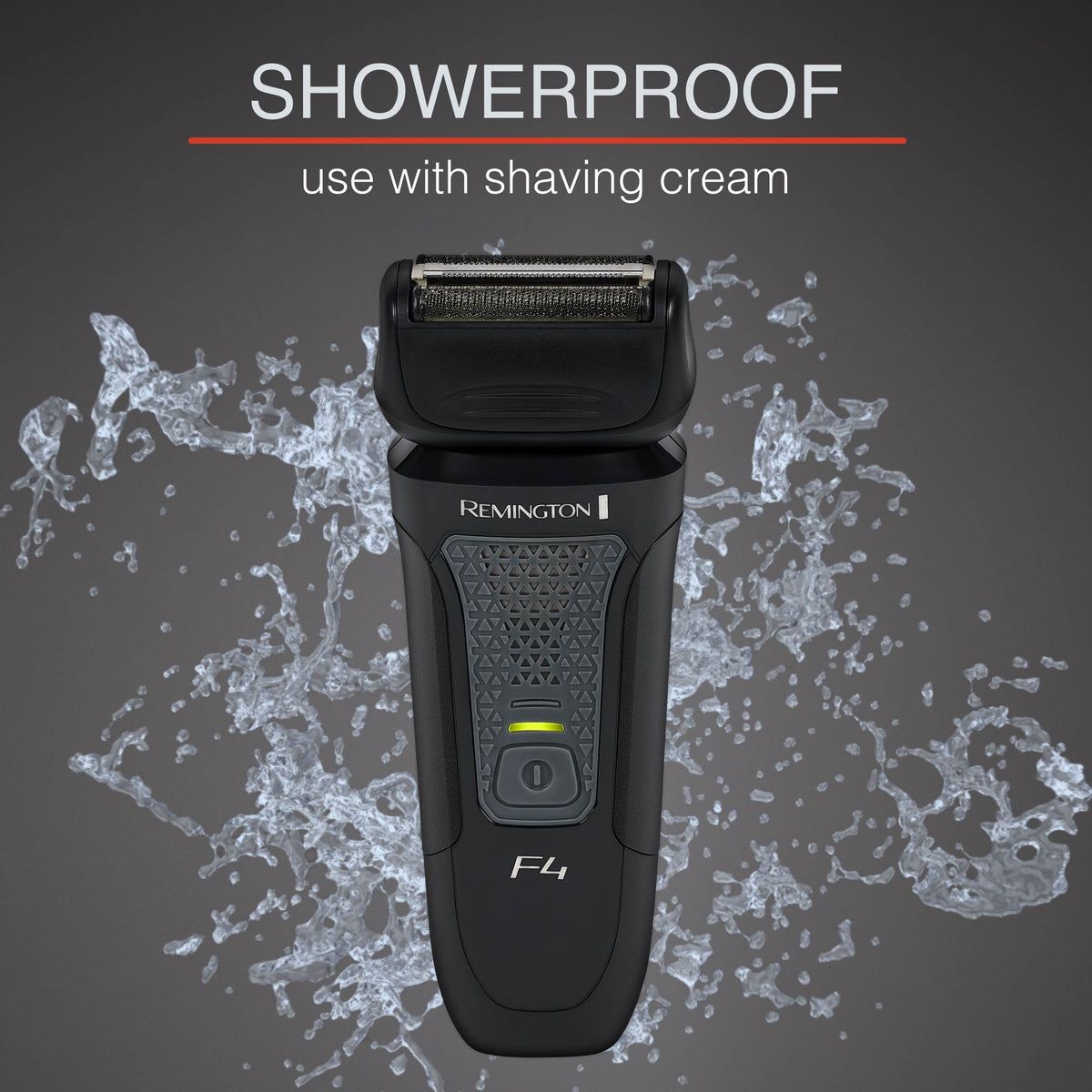 Remington F4010 showerproof shaver with water splash graphics on a dark background