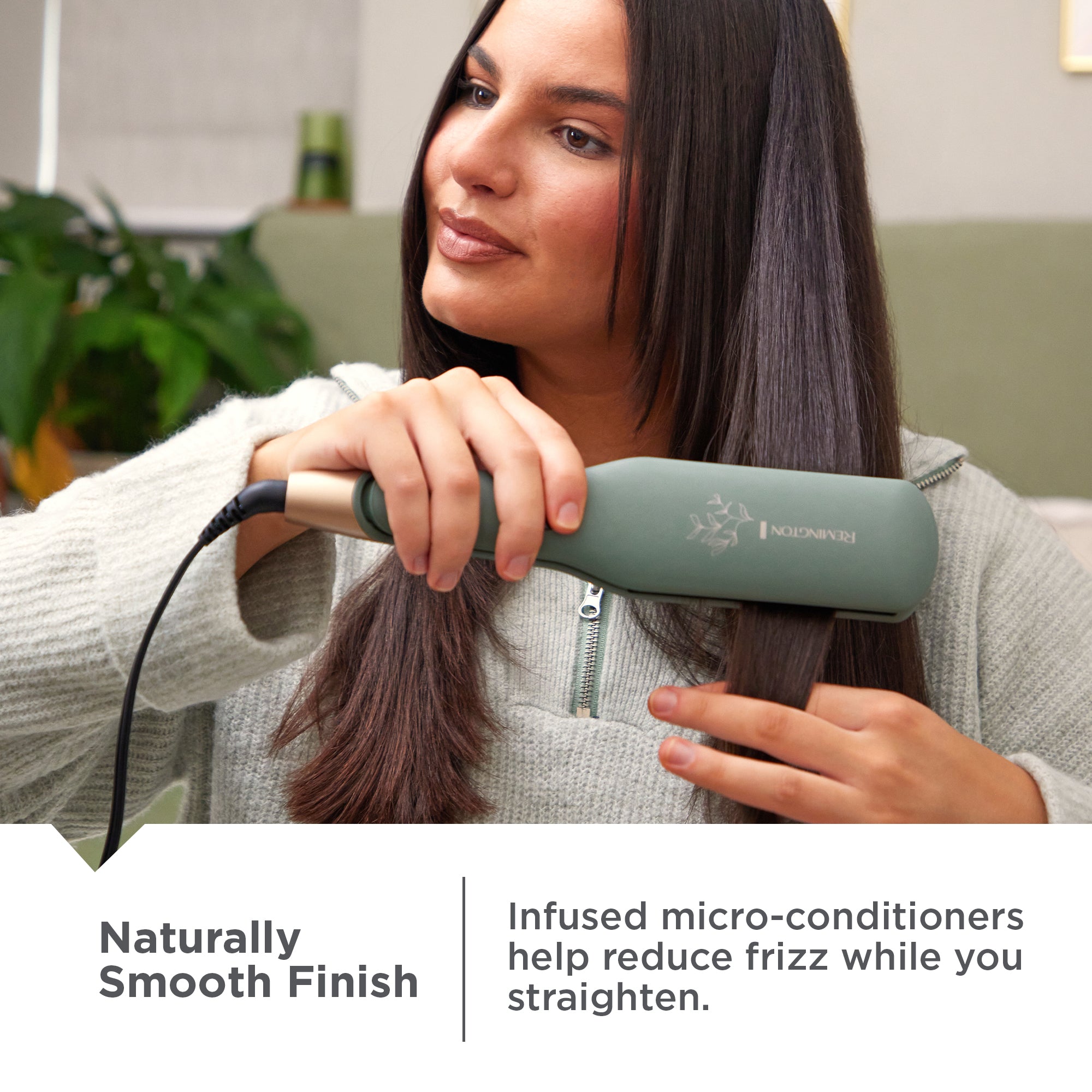 Woman using S5755NA Botanicals™ 2" Flat Iron