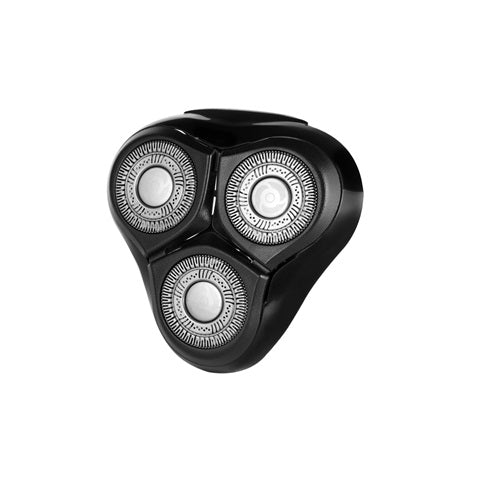 Black and silver three-head rotary shaver on a white background