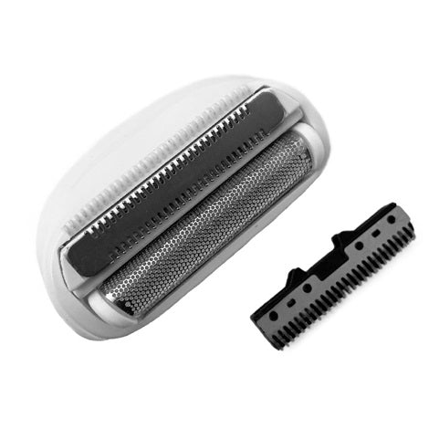Electric shaver head with comb attachment on a white background