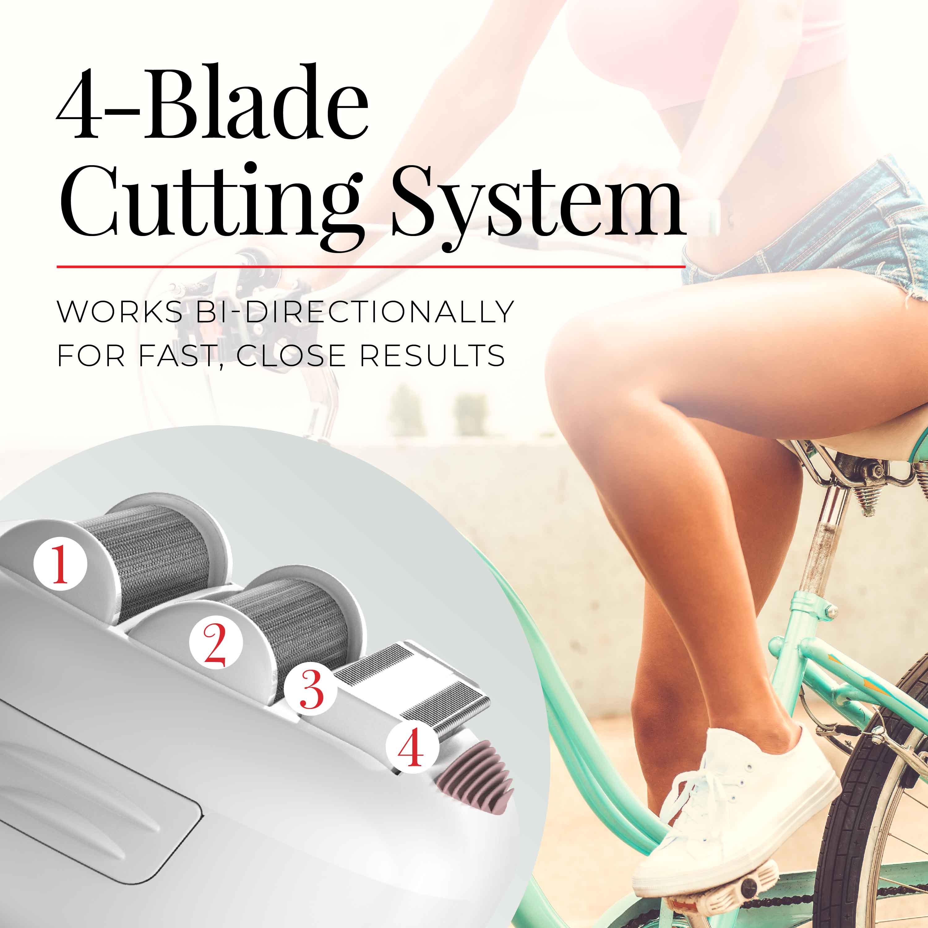 Hair removal device with text about 4-blade cutting system and bi-directional functionality.