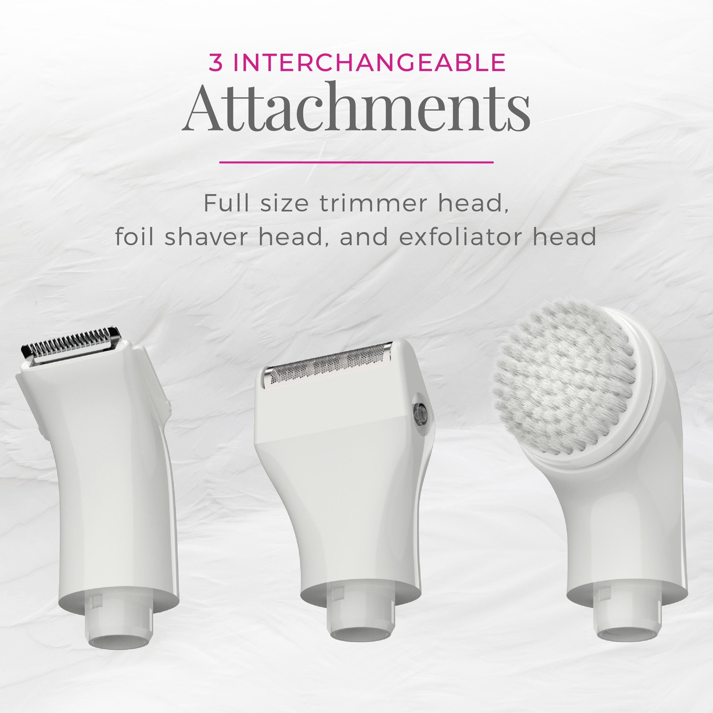 WPG4020FCDN Three interchangeable attachments for a grooming device on a light gray background.