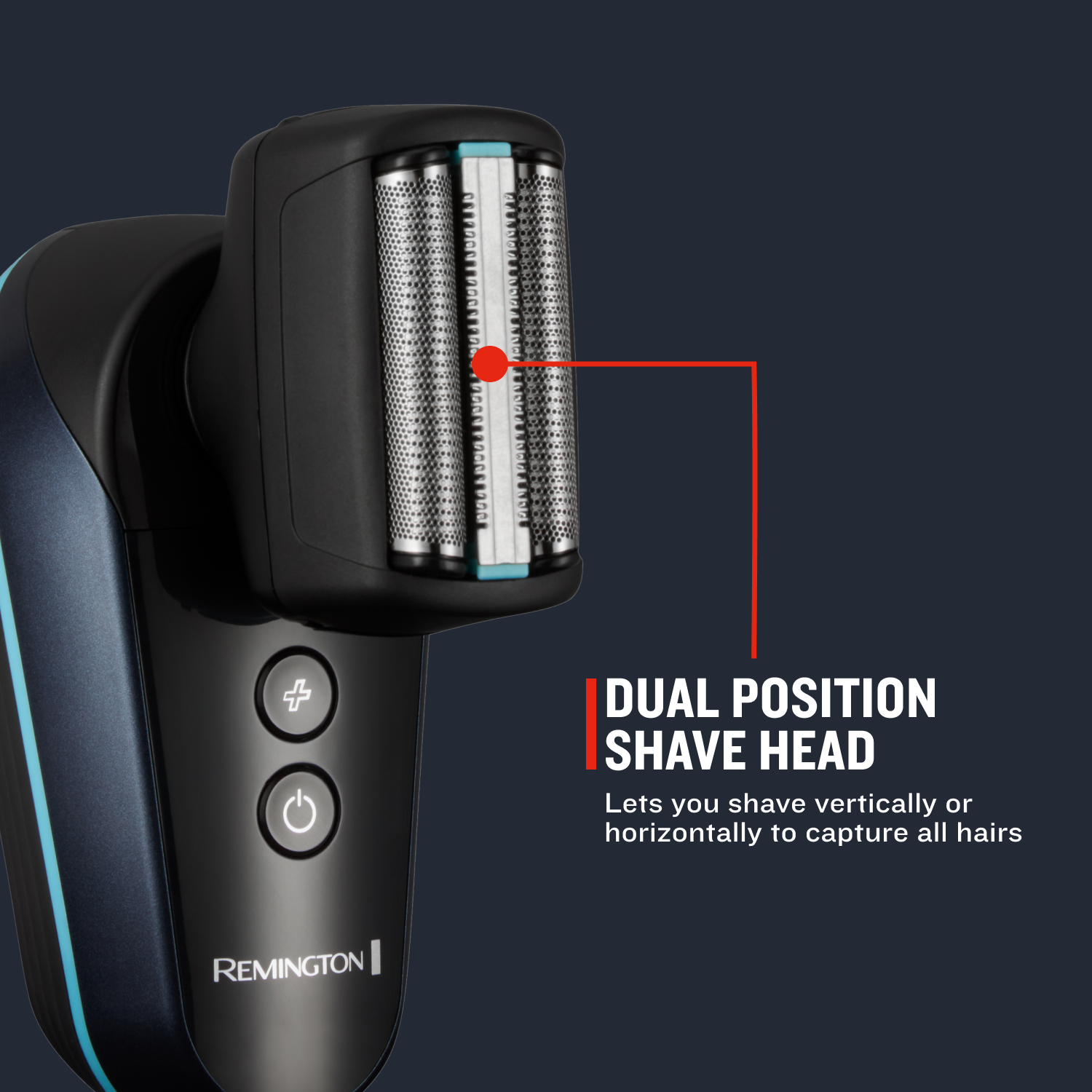 Remington electric shaver with dual position shave head on a dark background