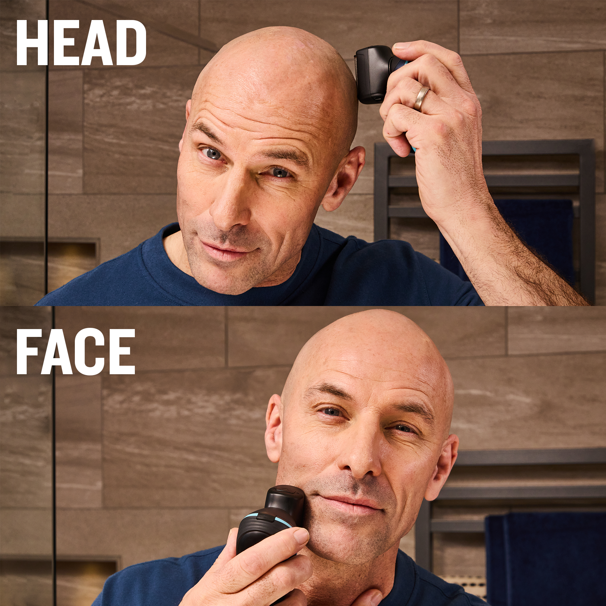 Man using an electric razor on his head and face with labeled sections.