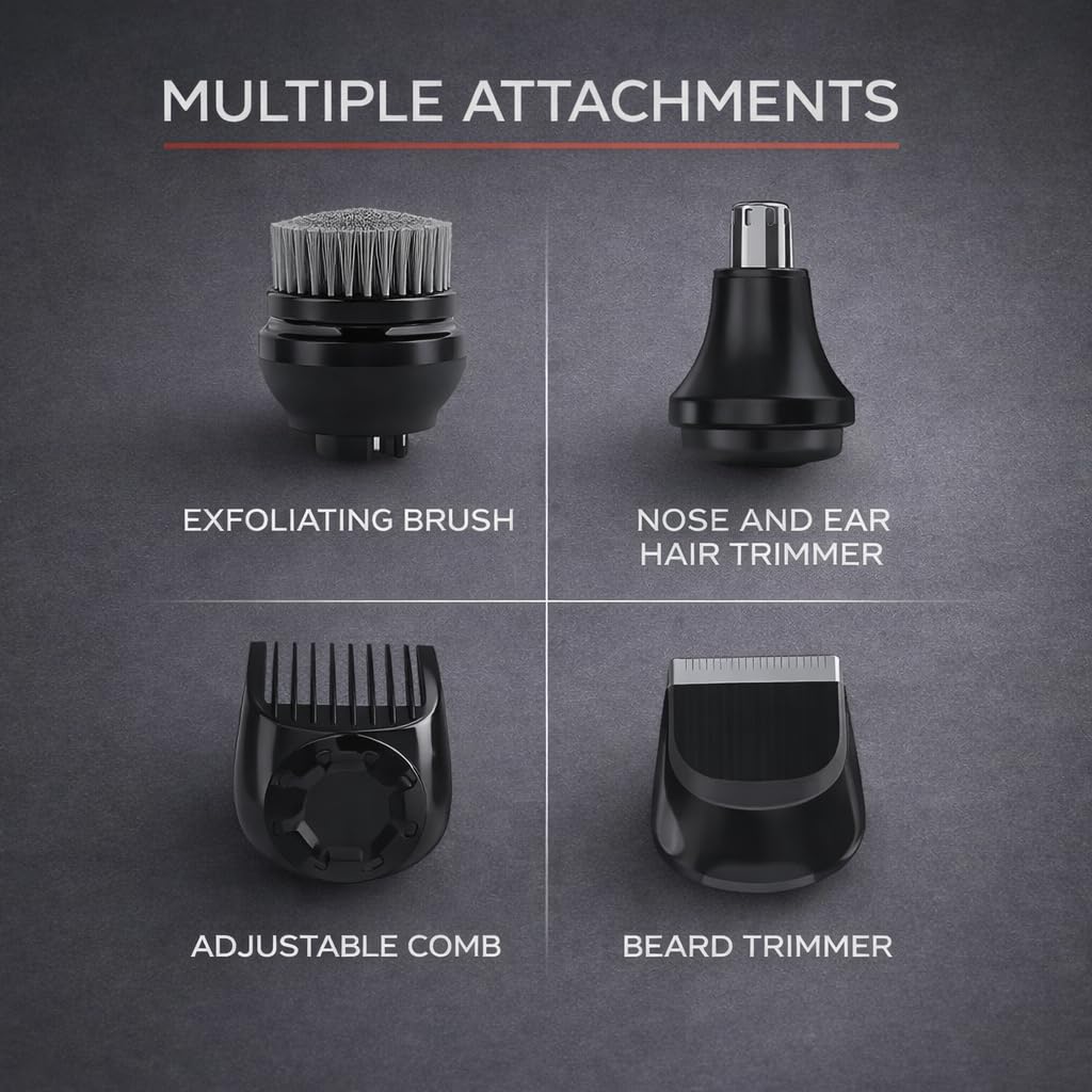 Set of grooming attachments including an exfoliating brush, nose and ear hair trimmer, adjustable comb, and beard trimmer on a dark background.