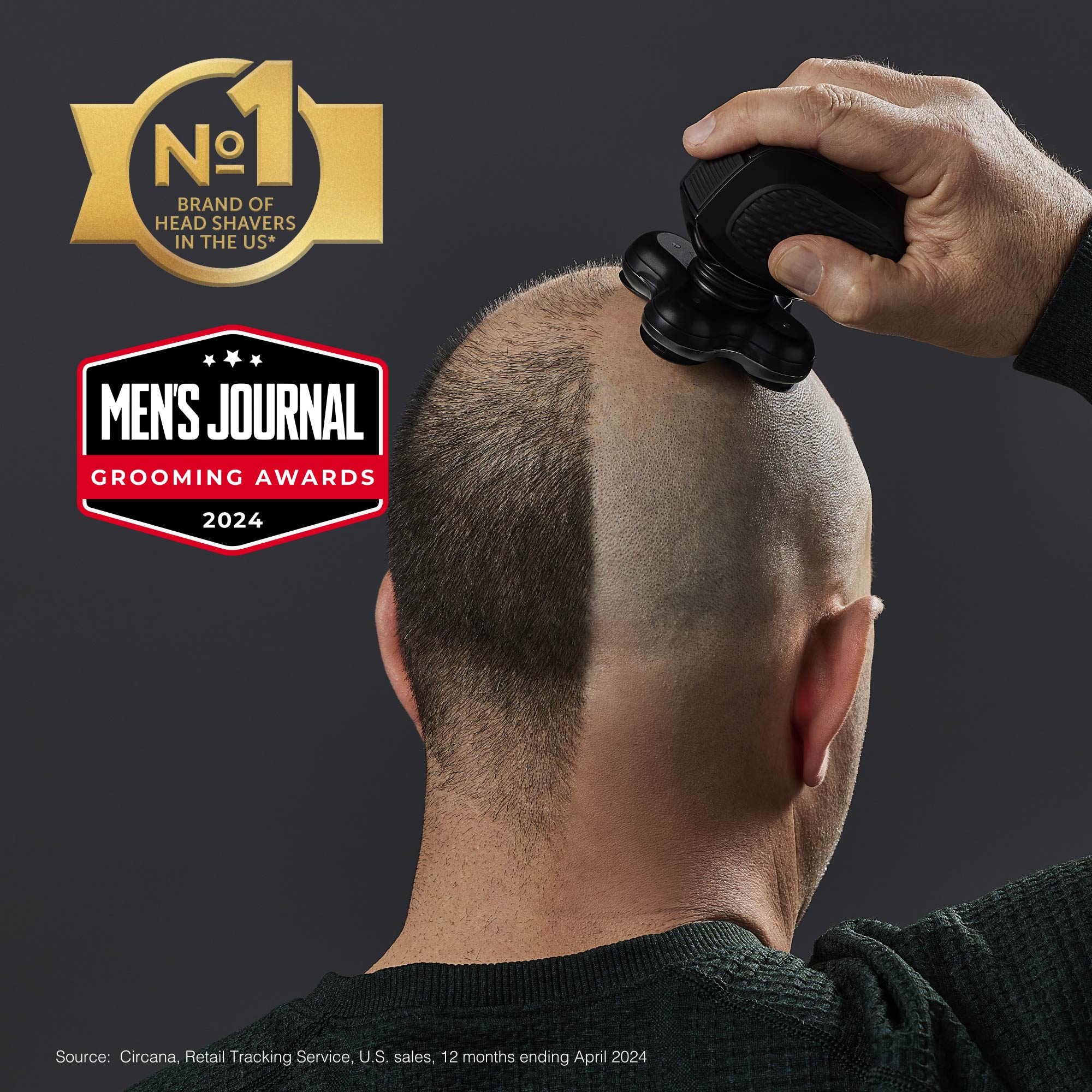 Person shaving head with a shaver, featuring Men's Journal Grooming Awards 2024 logo on a dark background.