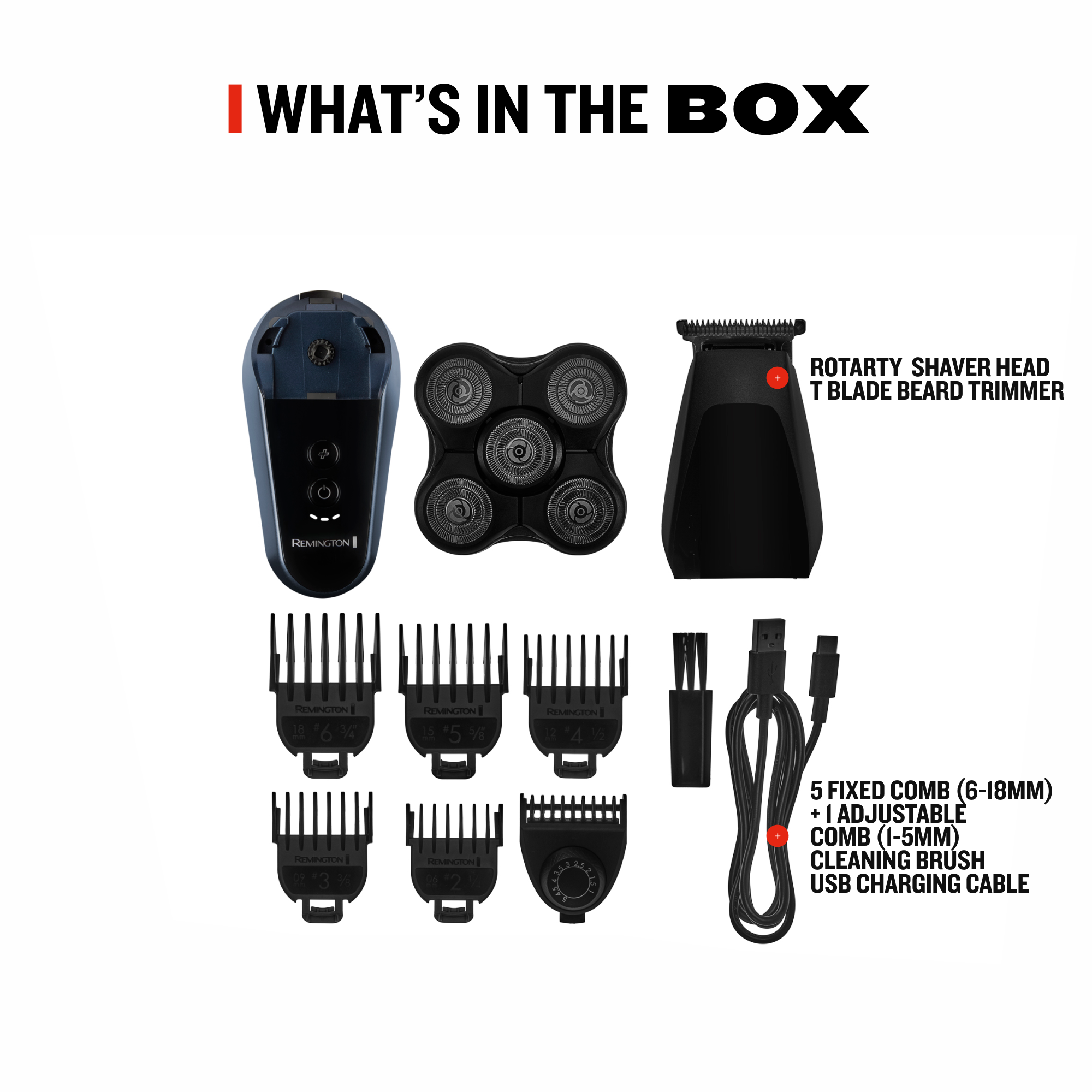 Barber shop kit with rotary shaver head, blade, beard trimmer, and accessories on a white background.