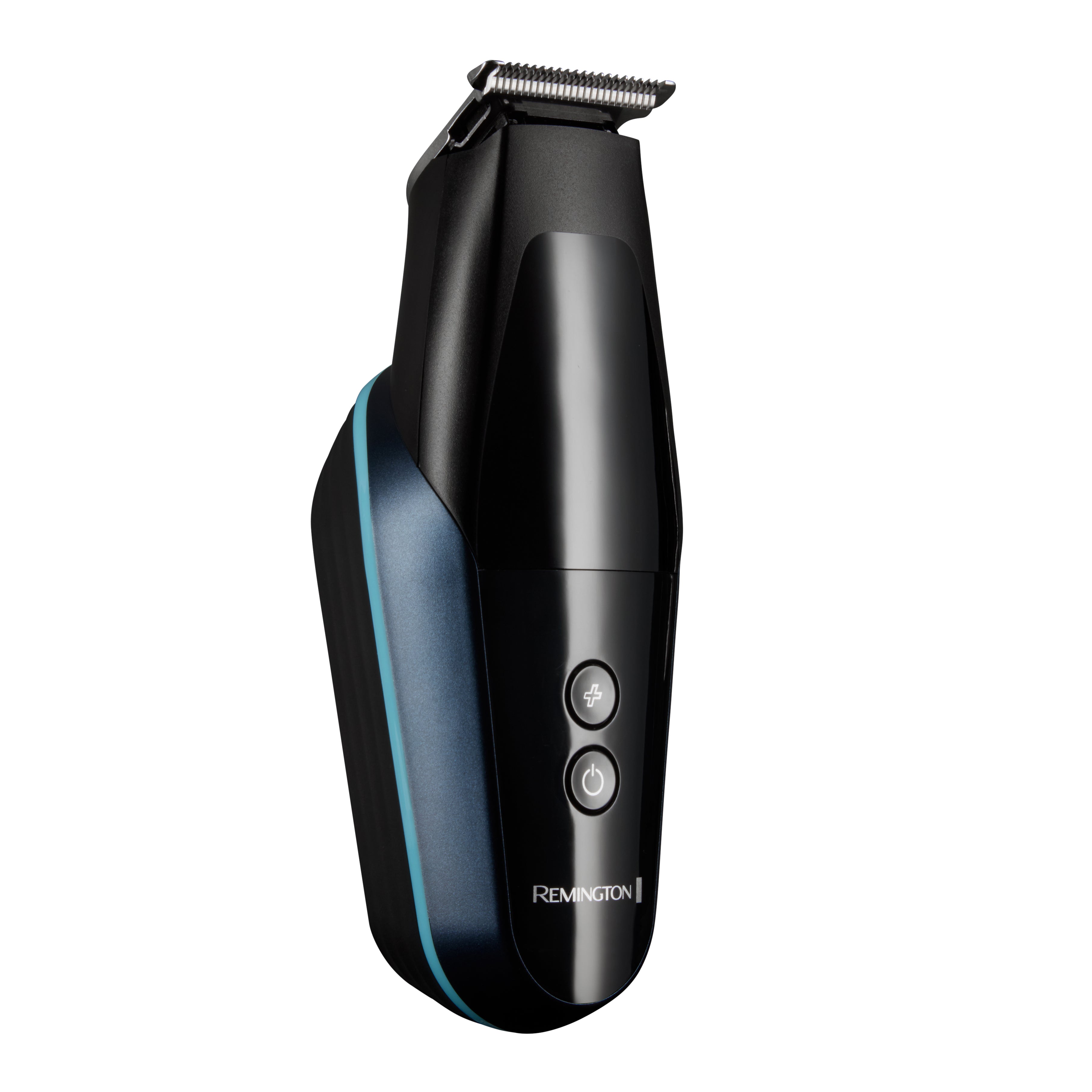Black and blue Remington grooming tool on a white background