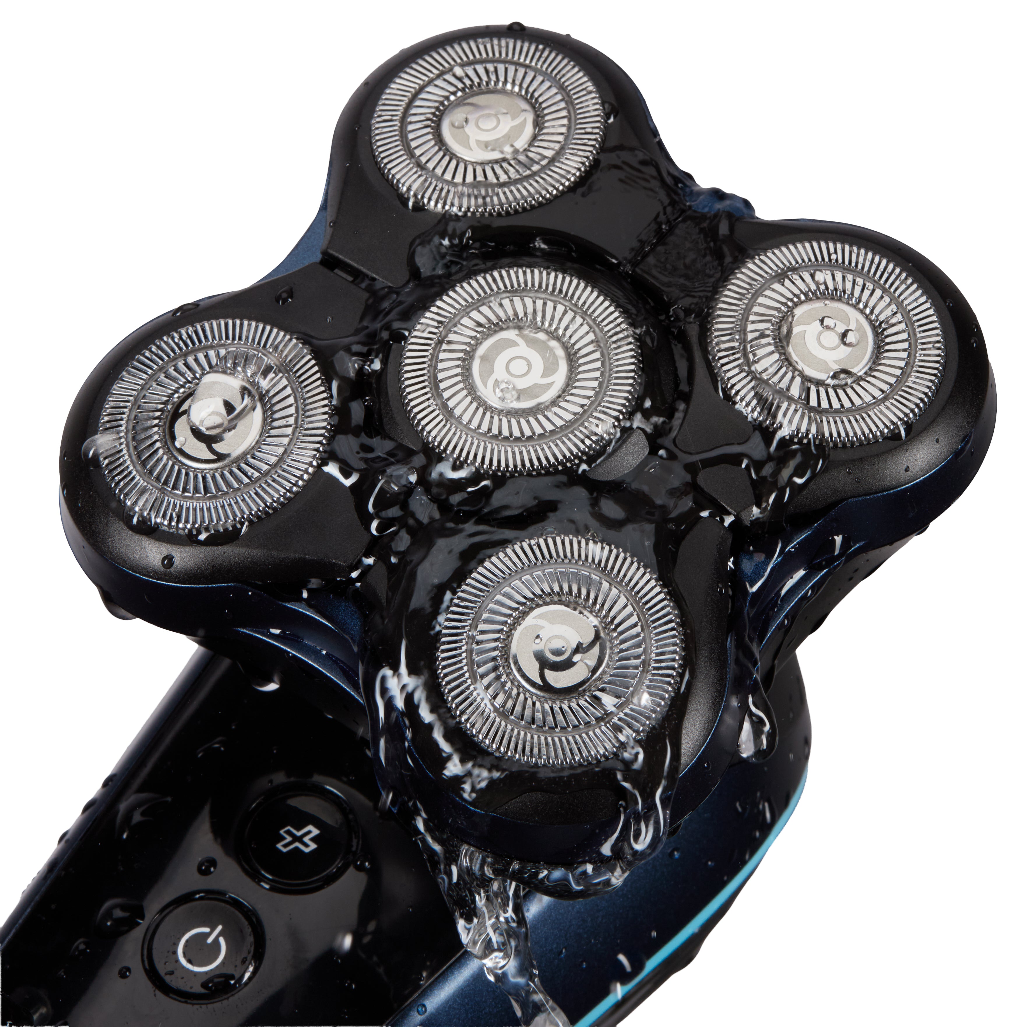 Close-up of a black electric shaver with multiple rotary heads on a white background