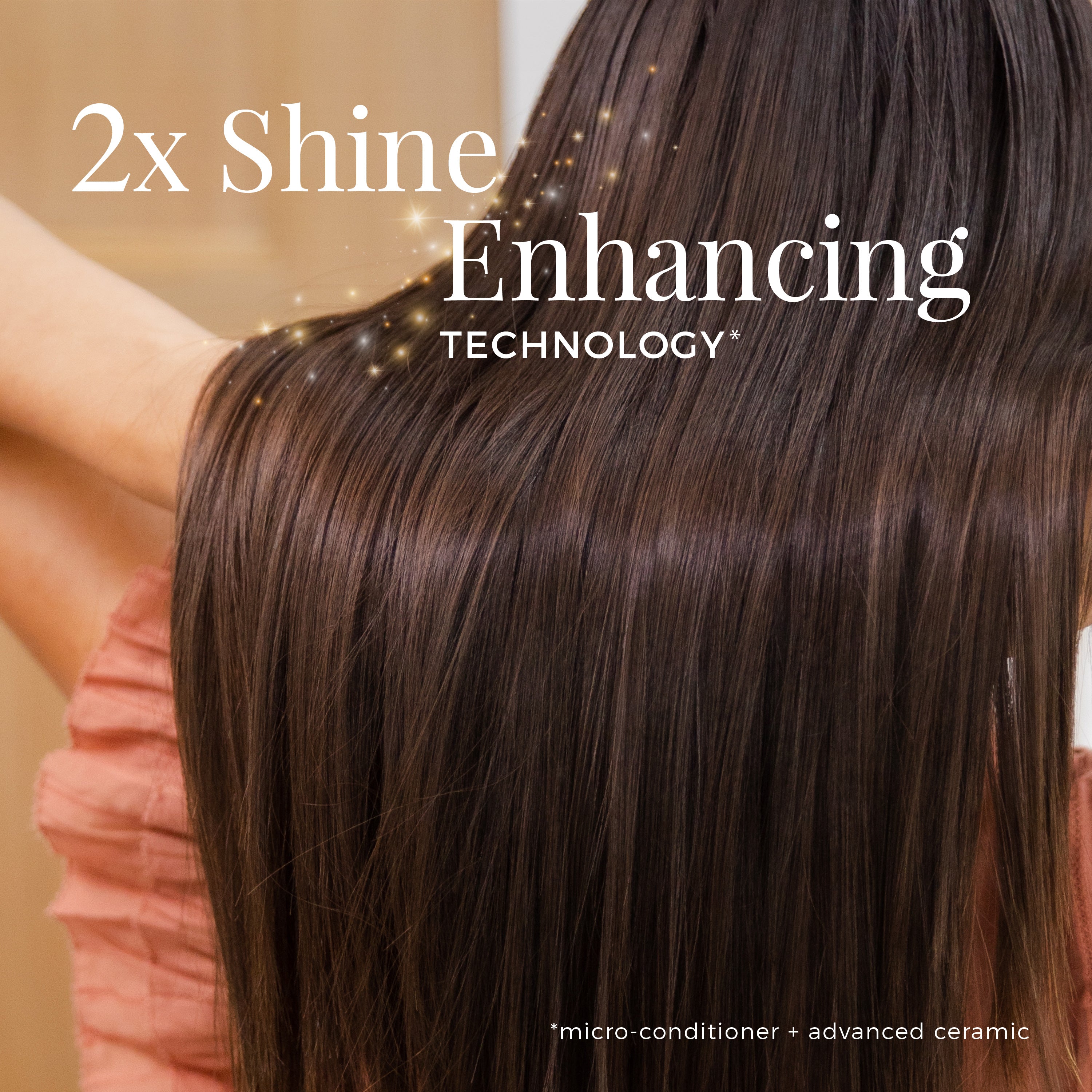 Close-up of shiny brown hair with text about shine-enhancing technology.