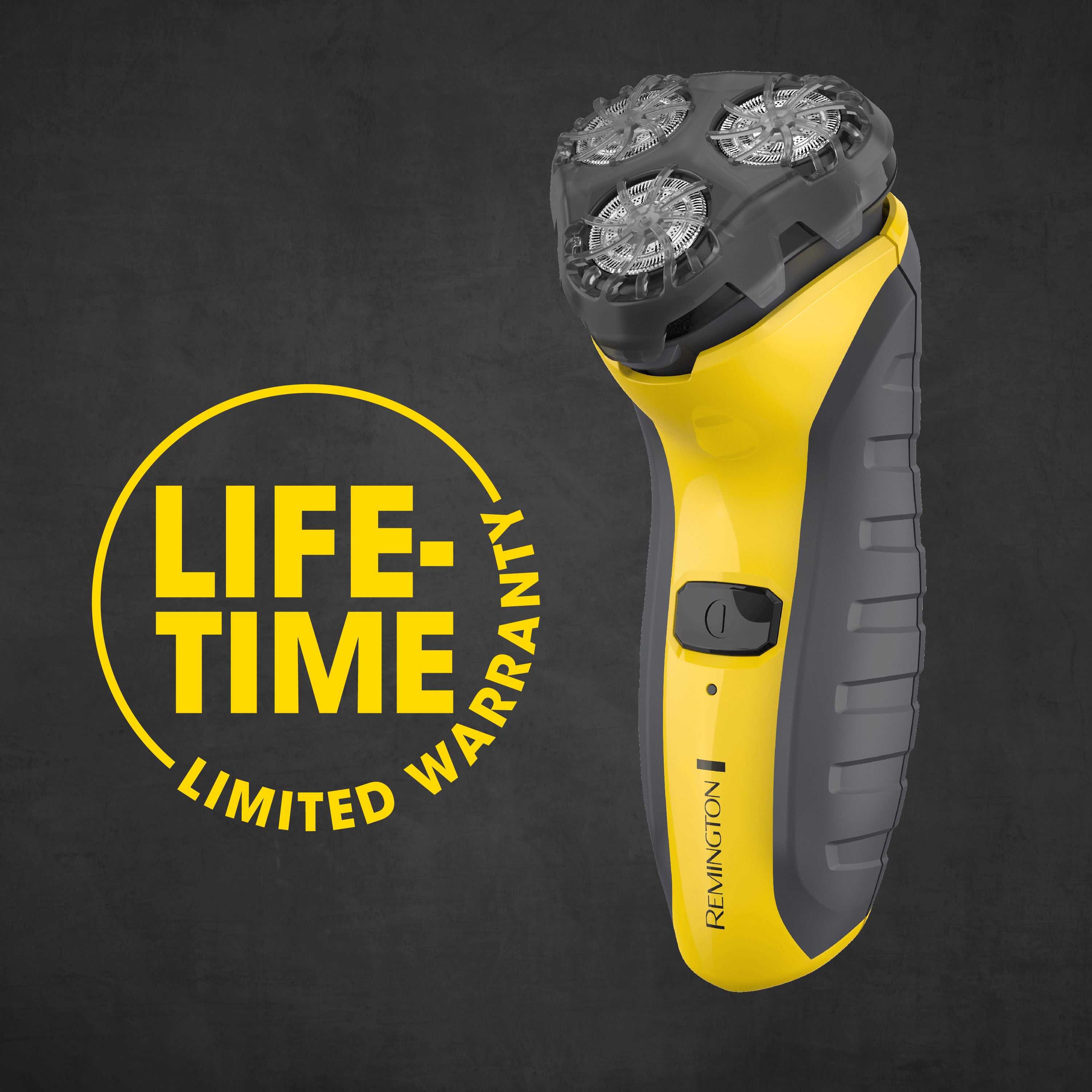 Yellow and black Remington shaver with 'Lifetime Limited Warranty' text on a dark background