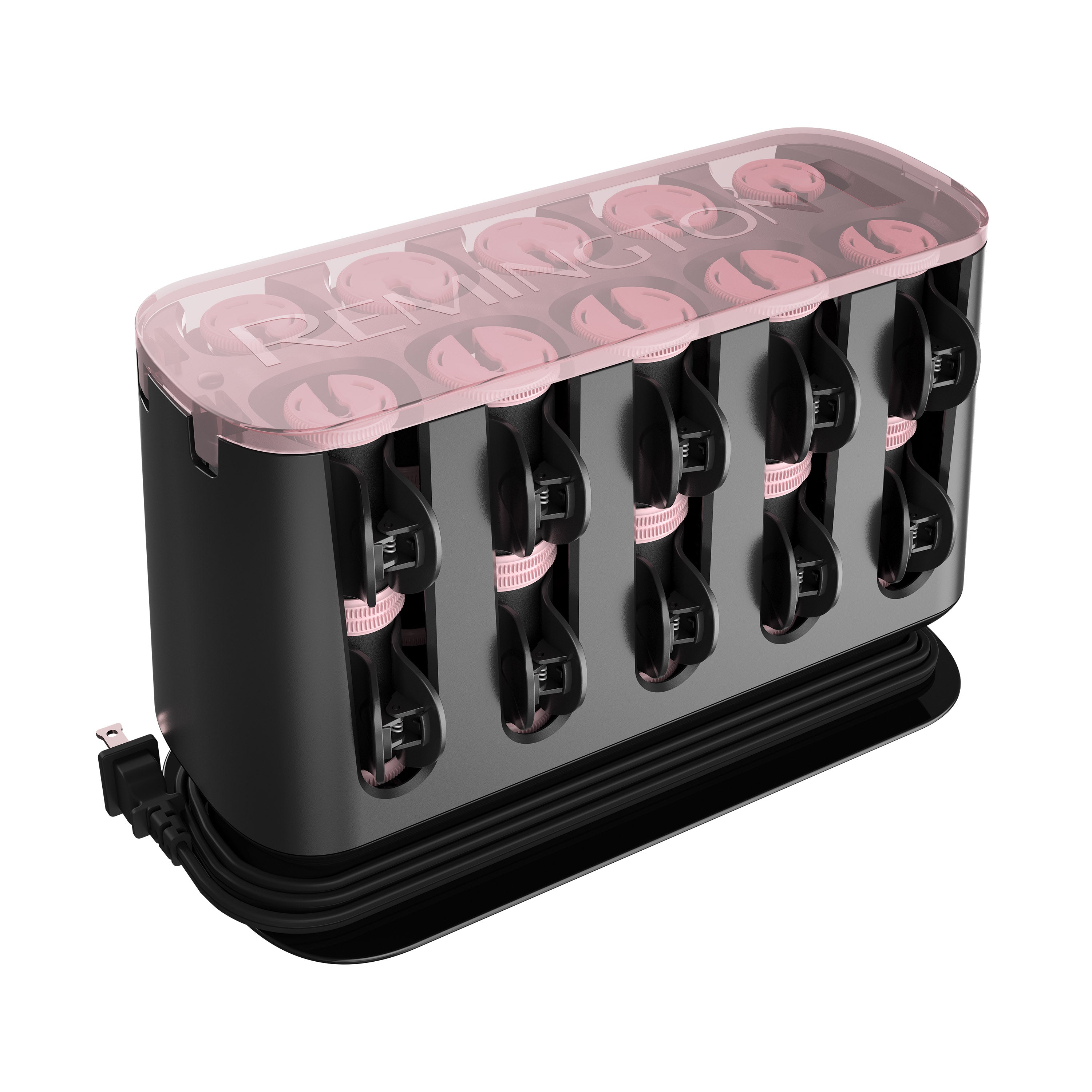 Black and pink hair roller set with clear lid on a white background