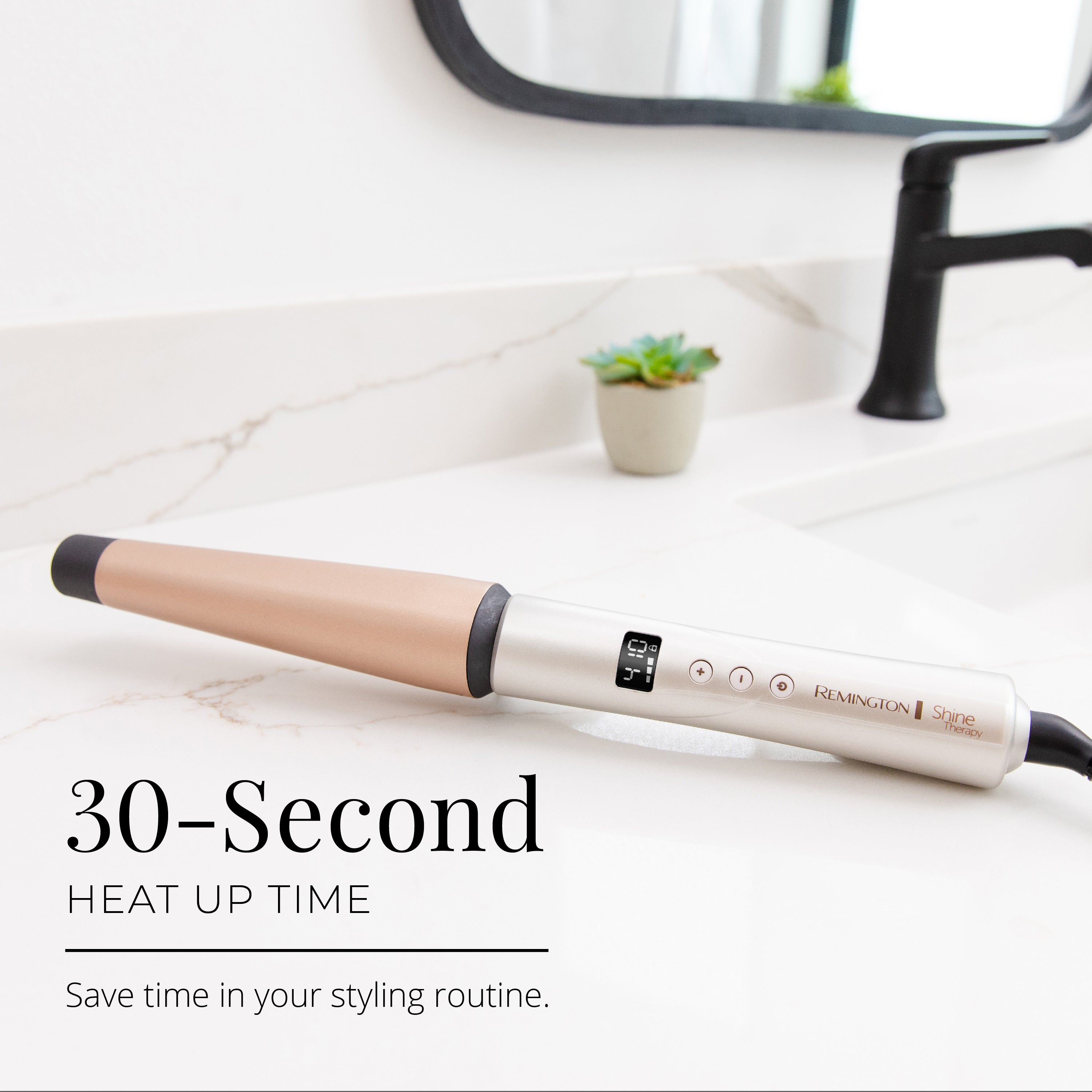 Remington hair straightener on a white surface with text about heat up time