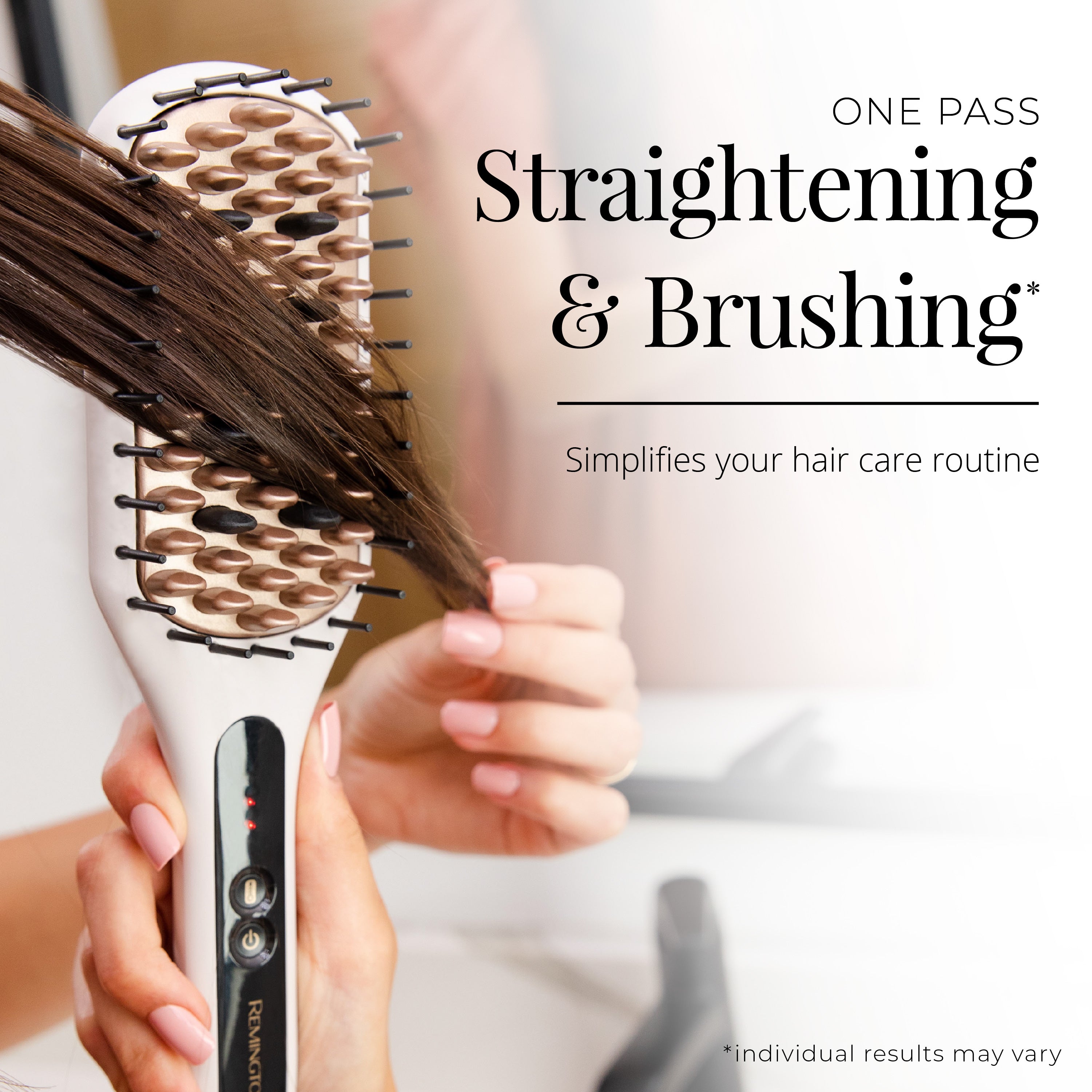 Hair straightening and brushing tool with text on a blurred background