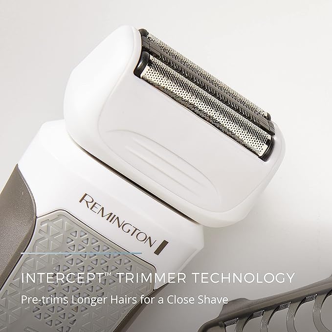 Remington electric shaver with 'Intercept Trimmer Technology' on a light gray background