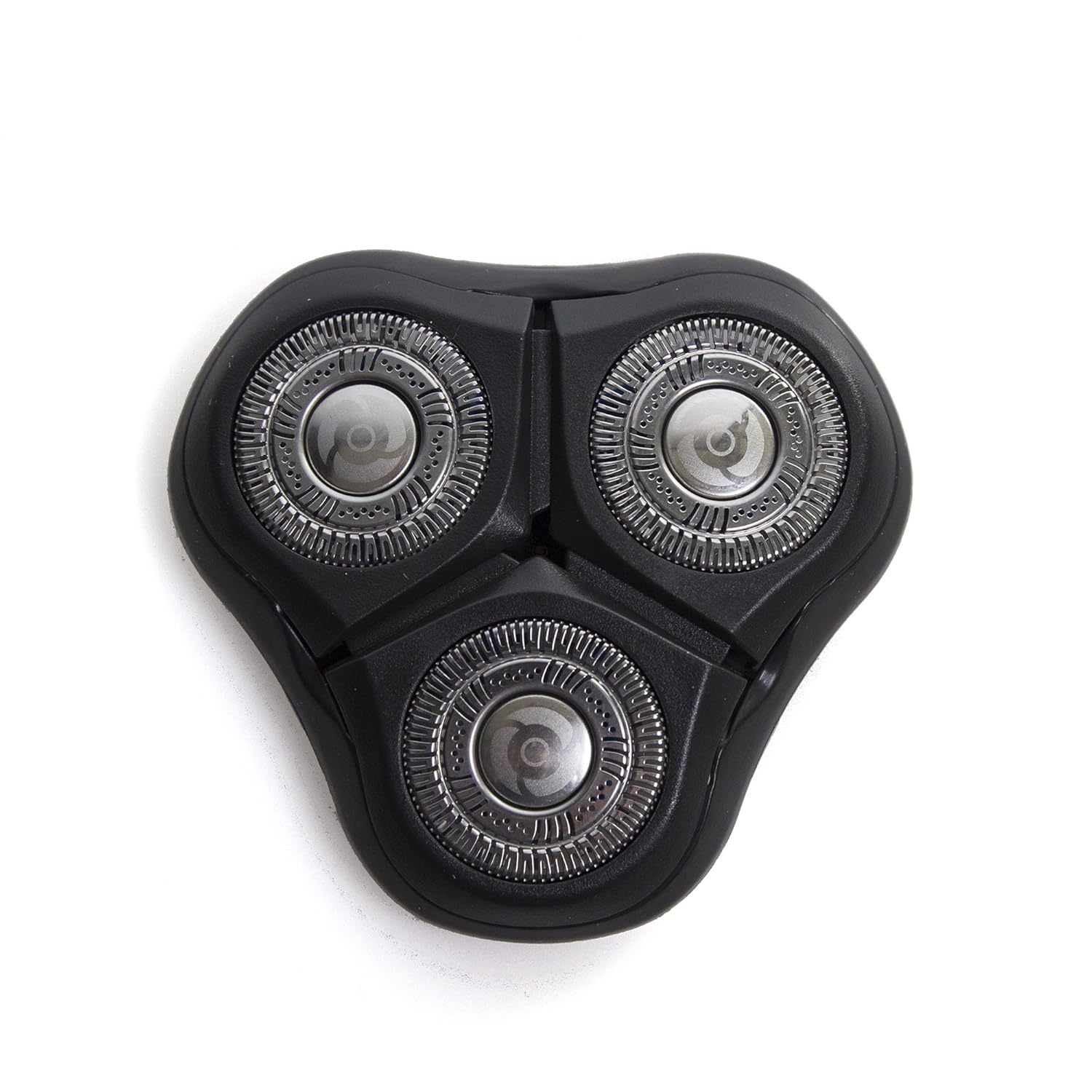 Three-blade electric shaver head on a white background